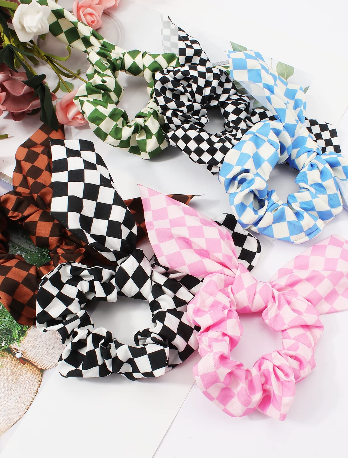 Jaciya 6-Pack Hair Ties Set - Buffalo Plaid & Checkerboard Scrunchies with Bow, Bunny Ears & Tail Hair Accessories for Women | Perfect for Everyday Wear, Parties & Cosplay