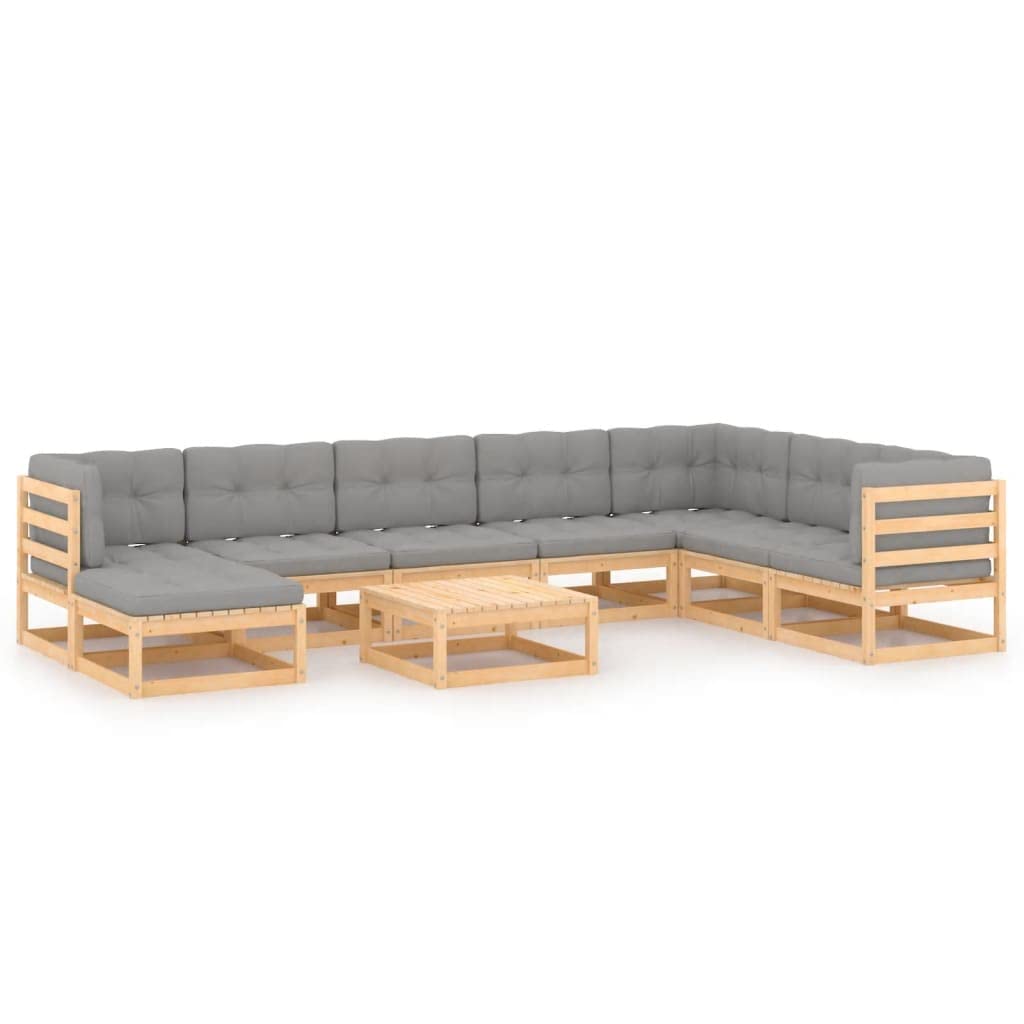 9-Piece Solid Pinewood Patio Lounge Set with Cushions - Modular Outdoor Furniture for Garden, Poolside & Backyard - Gray and Brown - Easy Assembly Required