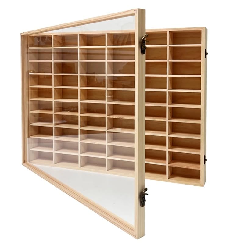 Wooden Wall Mount Display Case for Hot Wheels & Matchbox 1/64 Scale Diecast Cars - Dust Resistant Door Holds 60 Model Cars - Perfect for Collectors & Toy Car Storage Organization (Home Office, Man Cave, Kids Room Decor)