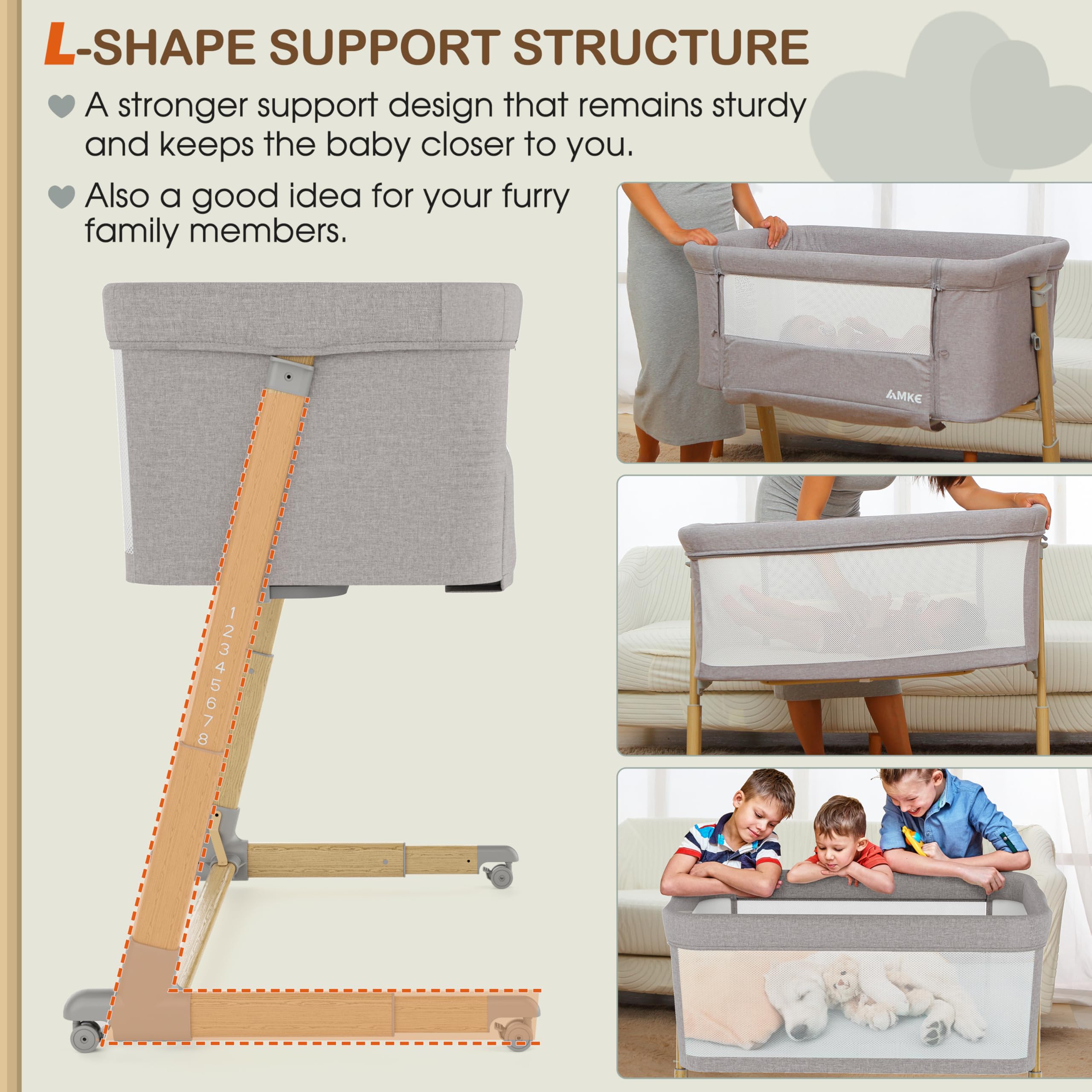 AMKE Baby Bassinets - Breathable Mesh Bedside Sleeper for Newborns & Infants | Portable, Adjustable Crib for Safe Co-Sleeping | Nursery & Bedroom Essential (Wood Grain Gray) | Perfect for Nighttime Feeding & Soothing Baby
