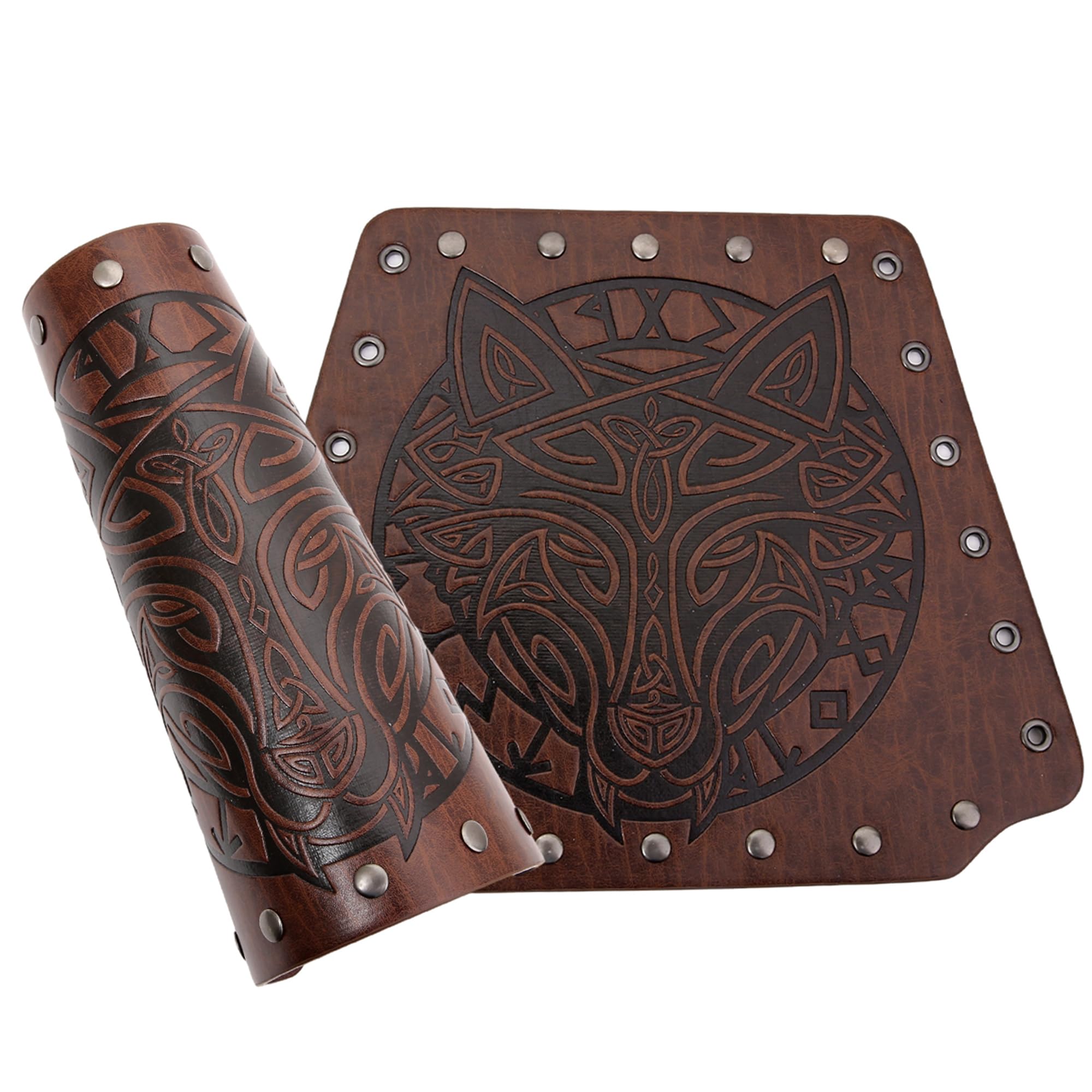 Viking Leather Bracers - Medieval Wolf Embossed Arm Guards, Handmade Leather Cuffs & Gauntlets for LARP, Cosplay, Renaissance Fairs & Historical Reenactment
