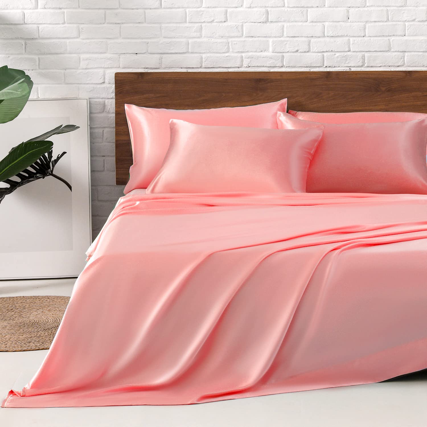 MR&HM Satin Bed Sheets Set - 6 Piece King Size Silky Bedding with 15