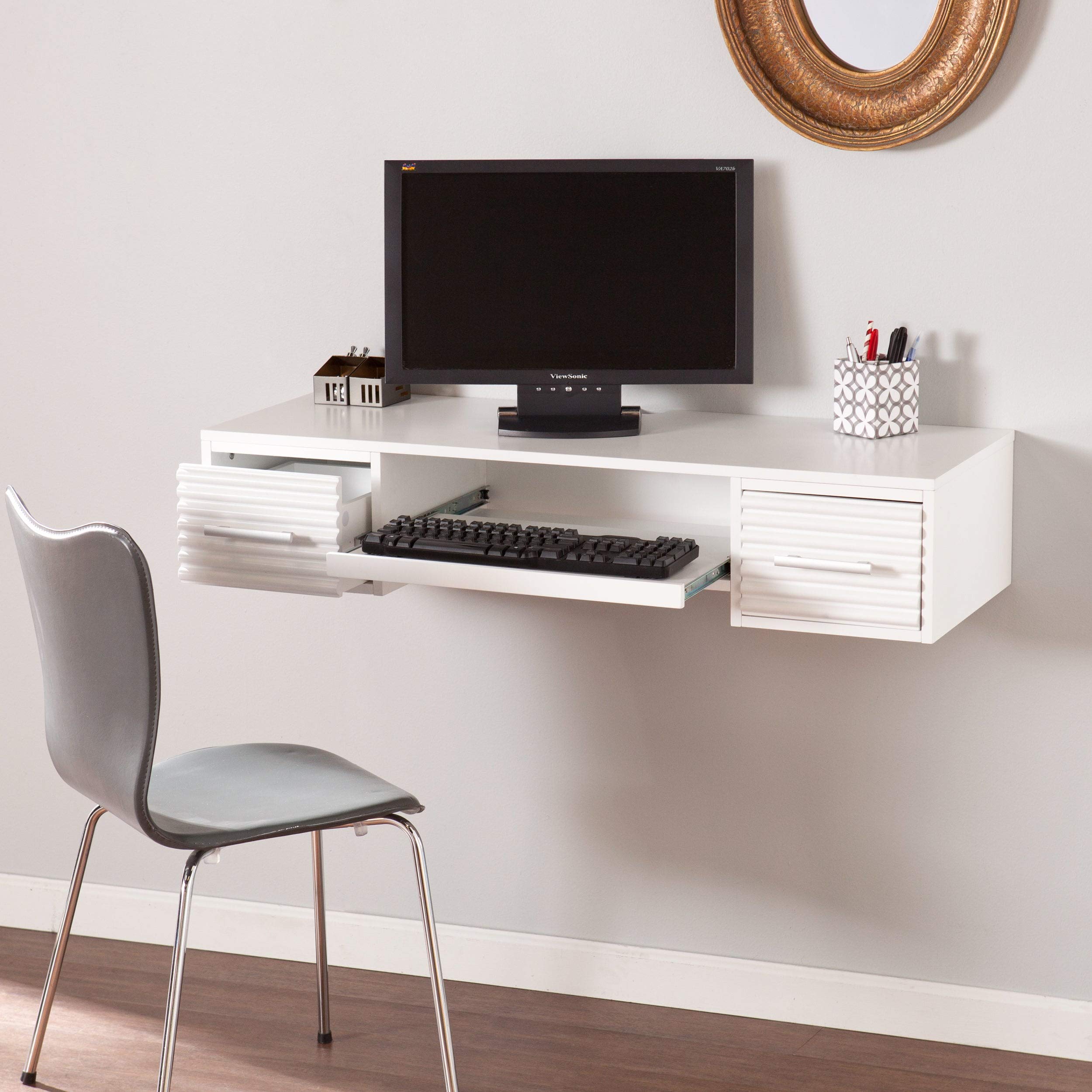Modern White Floating Wall Mount Desk with Brushed Nickel Finish - Contemporary Rectangular MDF Design with Metal Drawers - Perfect for Home Office, Small Spaces & Minimalist Decor