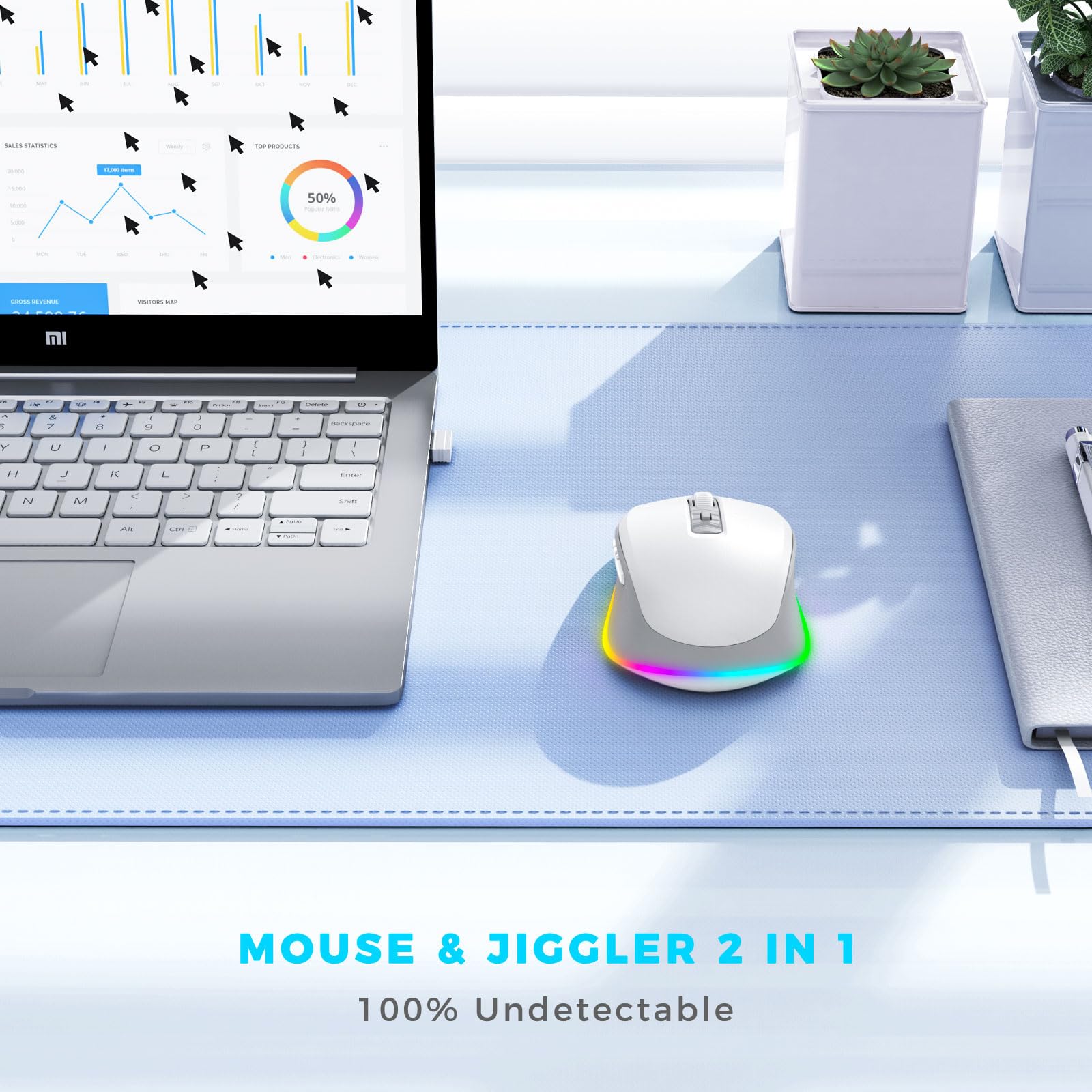 PEIOUS Wireless Mouse Jiggler - Undetectable Random Movement USB Mouse with Built-in Mover, Rechargeable Silent Mouse for Laptop/PC to Prevent Sleep Mode - White & Grey - Perfect for Remote Work, Online Meetings & Computer Maintenance