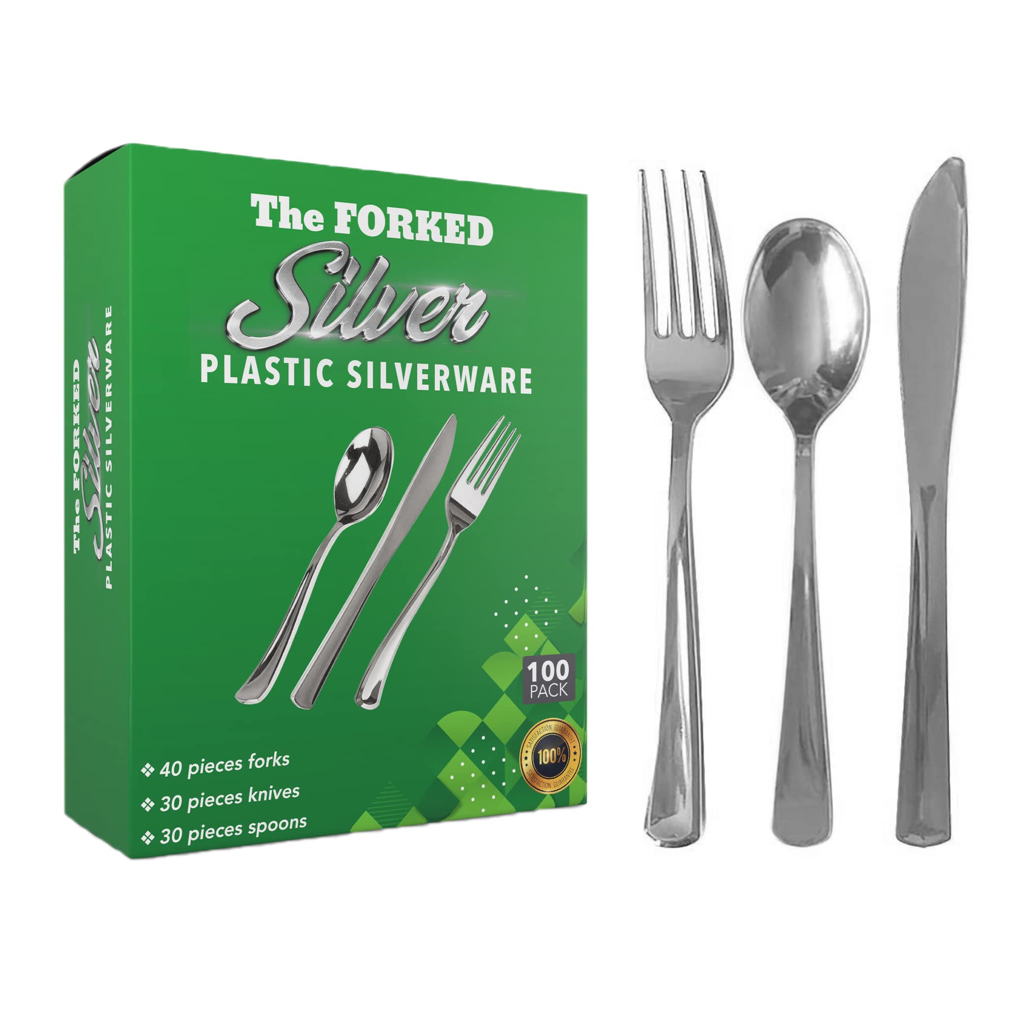 100-Piece Heavy Duty Disposable Silver Plastic Cutlery Set - 40 Forks, 30 Knives, 30 Spoons - Elegant Party Utensils for Weddings, Catering & Outdoor Events (Silver)