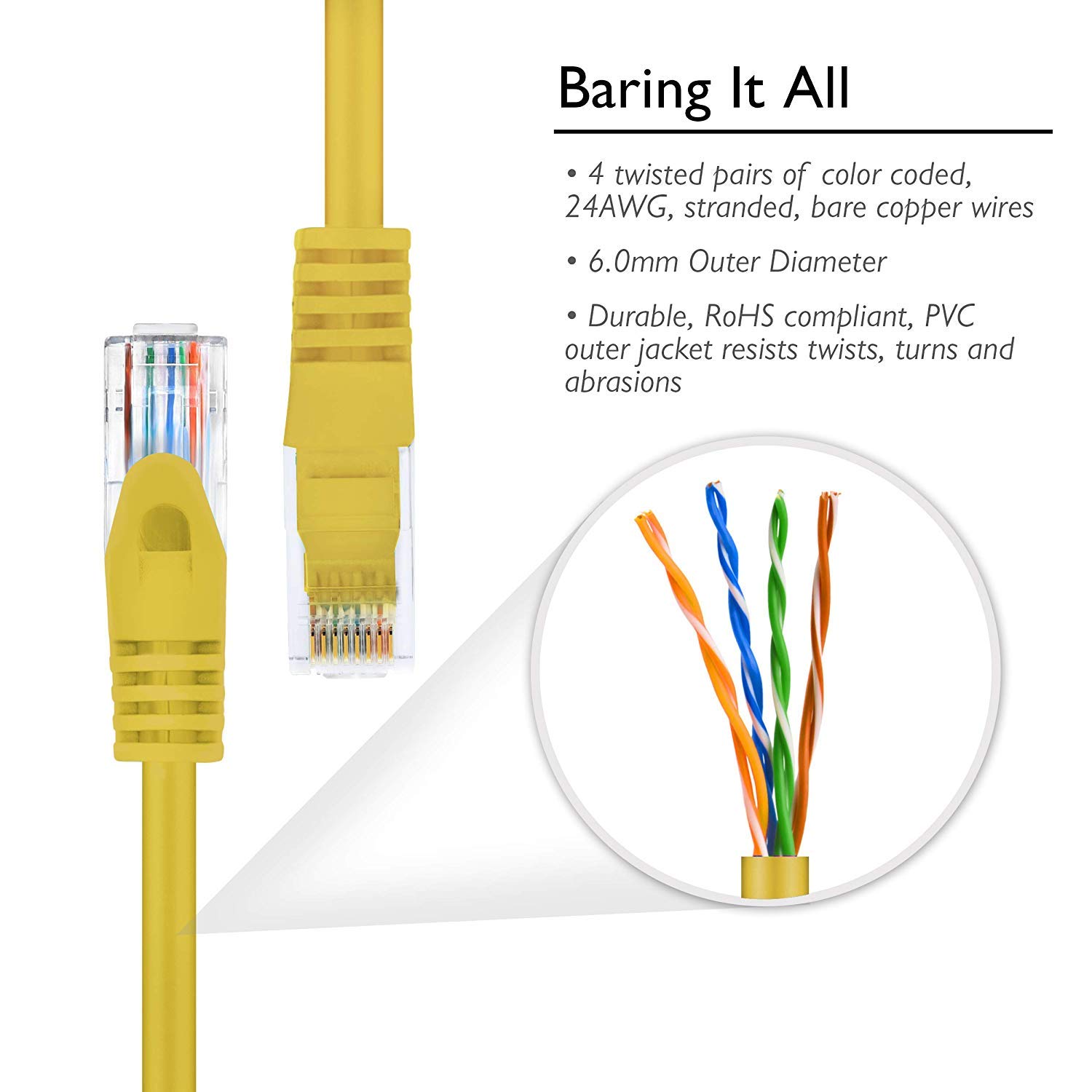 GEARit Cat6 Ethernet Cable 1 ft - High Speed 550MHz, 10Gbps Network Cable, RJ45 Patch Cord for Gaming, Streaming, Office & Home Internet - Yellow (1 Foot) - Perfect for Routers, Modems, PCs & Smart TVs