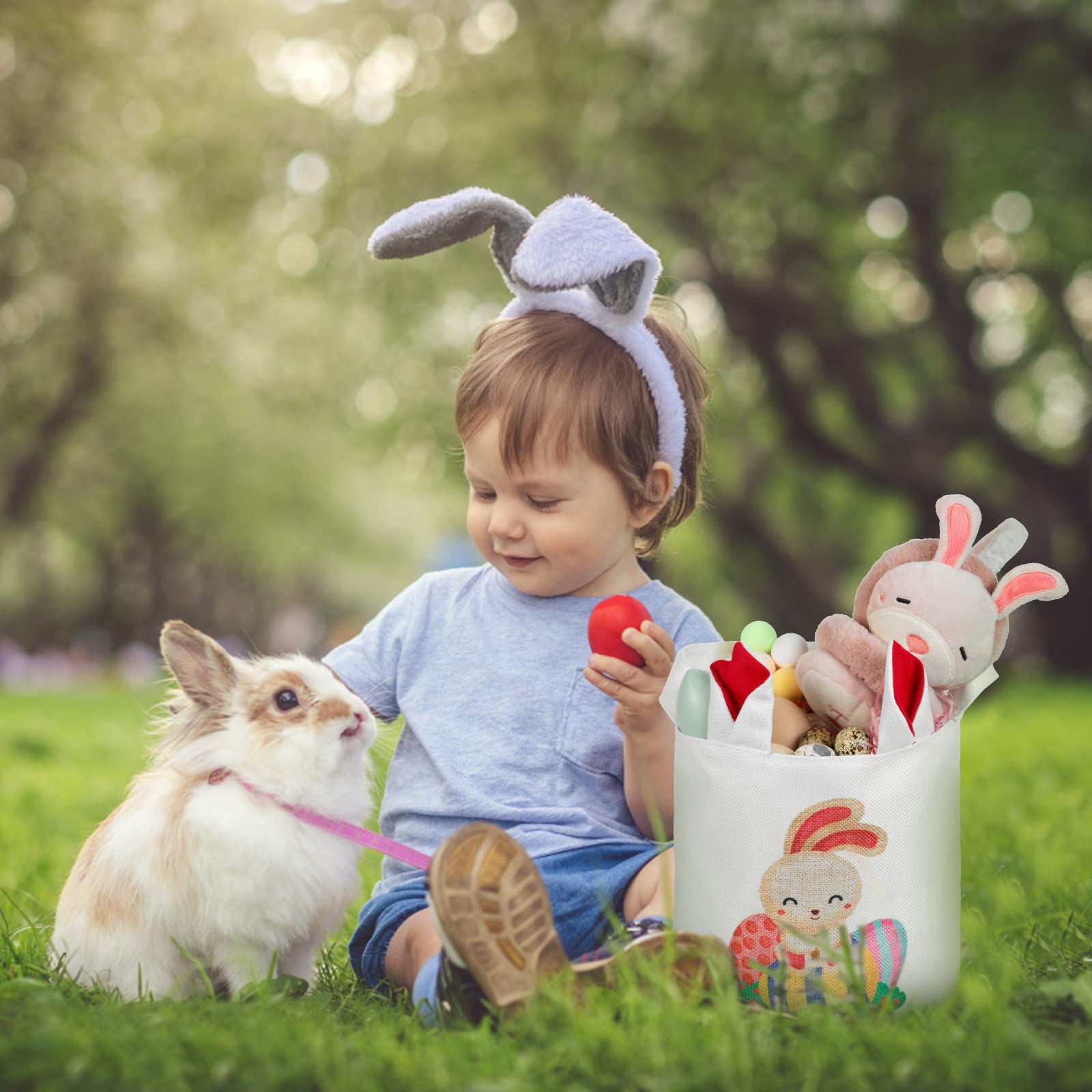 Personalized Easter Bunny Basket Bags with Custom Name - Cute Rabbit Print Candy Egg Buckets for Easter Gifts, Egg Hunts & Spring Decorations