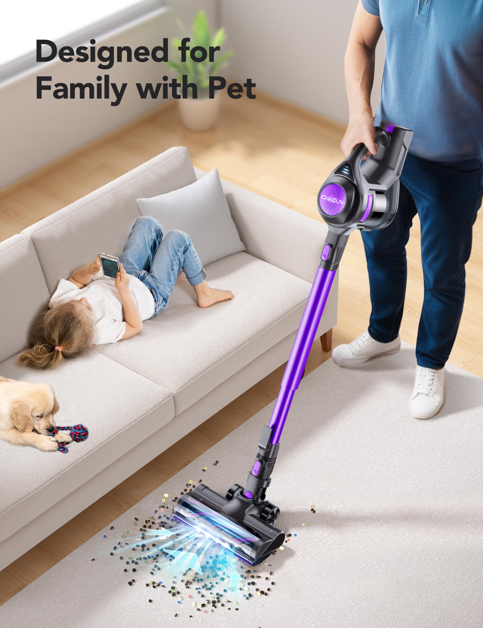 23Kpa Powerful Cordless Vacuum Cleaner with 1.3L Large Dustbin - Rechargeable Stick Vacuum for Pet Hair, Hardwood Floors & Carpets | 2 Cleaning Modes, 30 Min Runtime | Lightweight Purple Vacuum for Quick Home Cleaning & Pet Owners