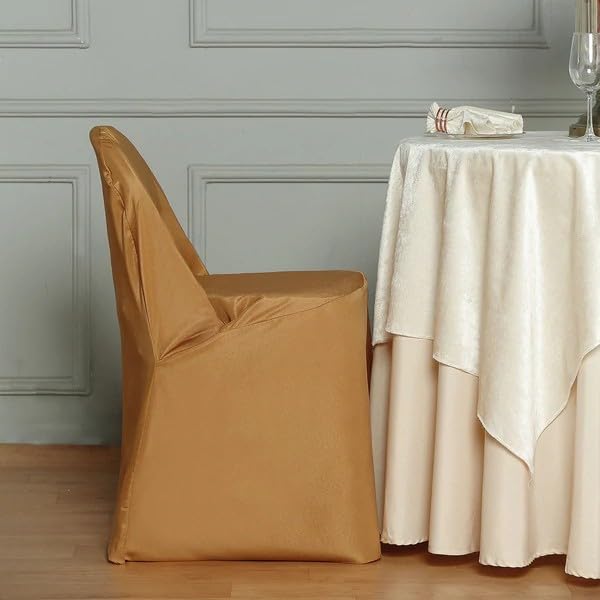 50 Pack Gold Polyester Folding Chair Covers - Elegant Wedding Reception Chair Slipcovers for Banquet, Party & Event Decorations - Waterproof & Wrinkle-Resistant