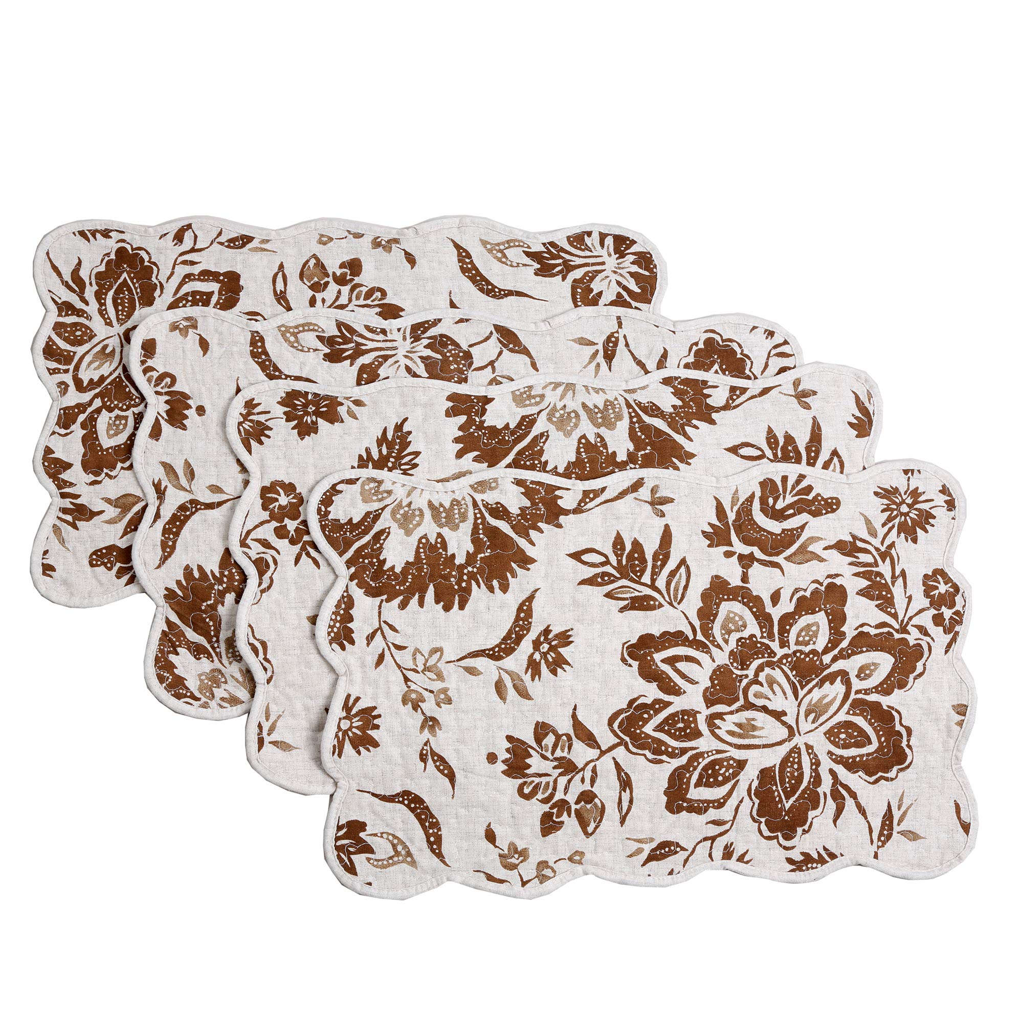 Premium Quilted Linen Cotton Placemats Set of 4 - Chocolate Flower Design for Dining Table Decor | Elegant Table Setting for Thanksgiving, Christmas & Everyday Use