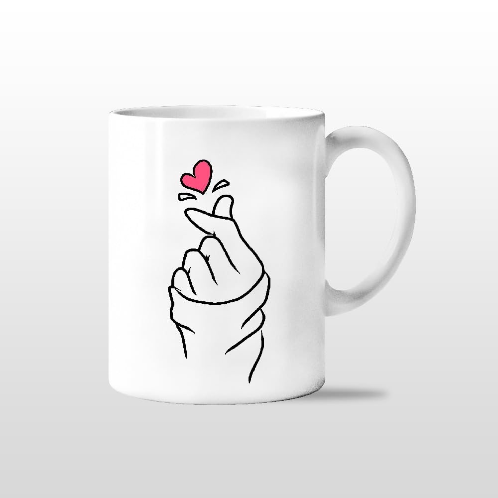iKraft Finger Heart Printed Coffee Mug - Unique Customized Ceramic Tea Cup for Loved Ones | 325ml Cute Gift for Valentine's Day, Anniversary & Birthday | Perfect for Home, Office & Coffee Shop Use