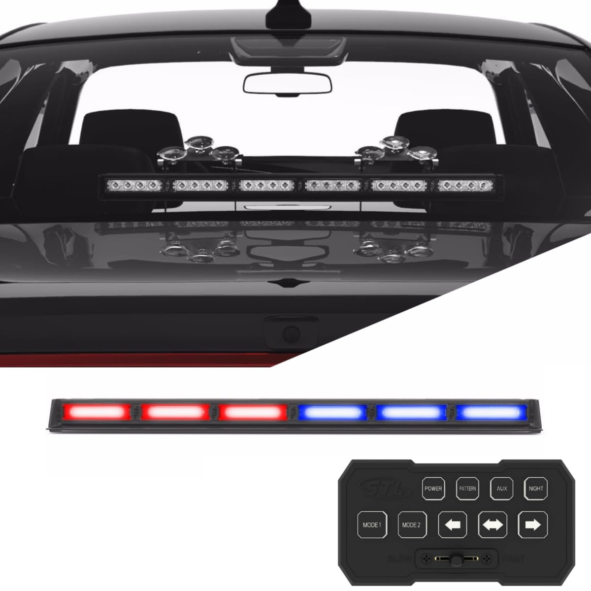 SpeedTech 6 Head LED Strobe Light Bar for Emergency Vehicles - Red/Blue TIR Traffic Advisor with Windshield Mount, Cigarette Lighter Plug & Control Box - Perfect for Police Cars, Ambulances, Fire Trucks & Roadside Hazard Warning