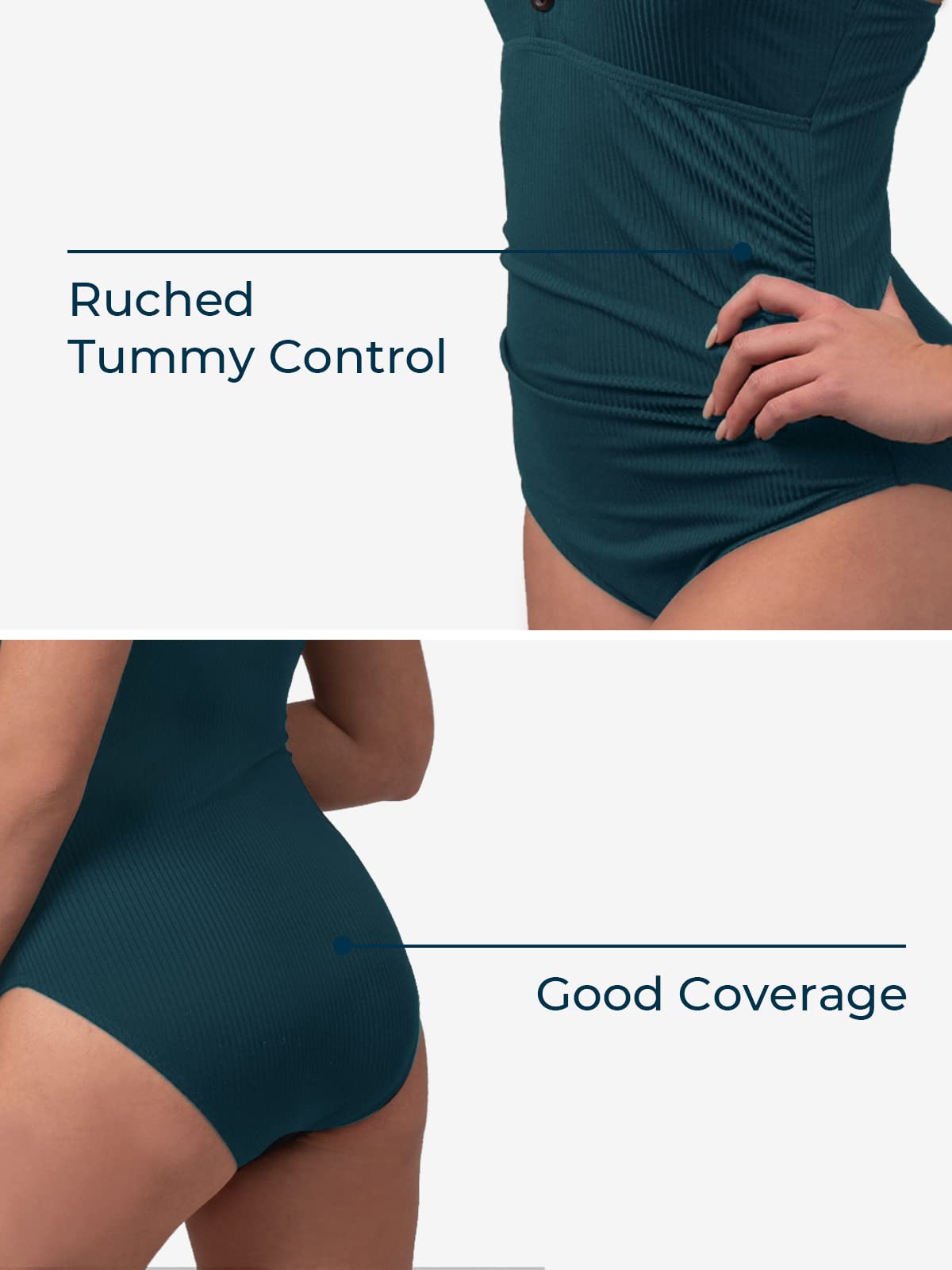 Women's Ribbed One Piece Swimsuit - Button Up Retro Bathing Suit with Tummy Control | High Waisted Swimwear for Beach, Pool & Vacation | Plus Size Friendly