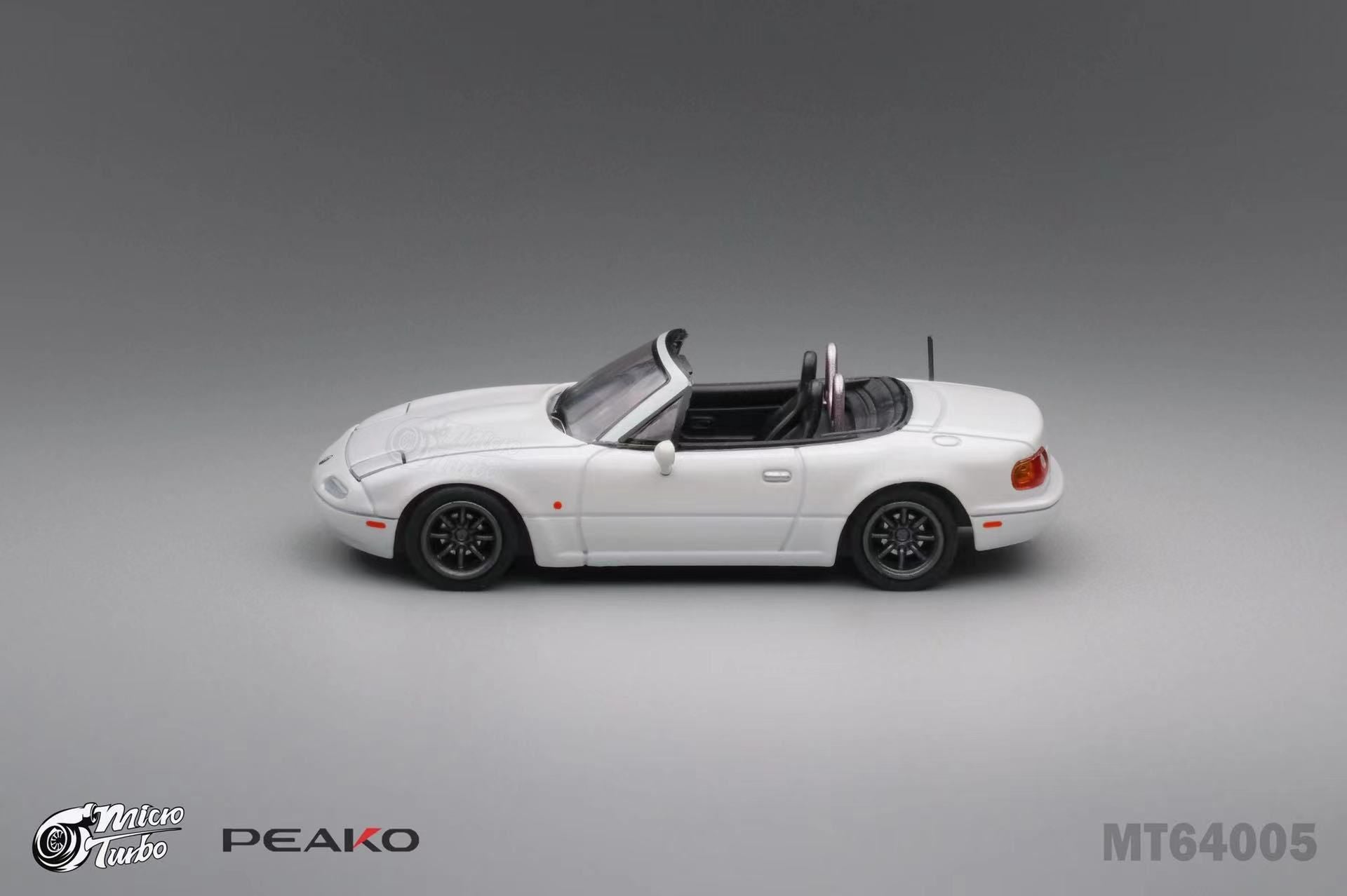 Peako Models 1:64 Scale Micro Turbo Mazda Eunos Roadster NA White Custom Diecast Car with Pop-Up Headlights - Perfect for Collectors, Display, and Racing Scenes