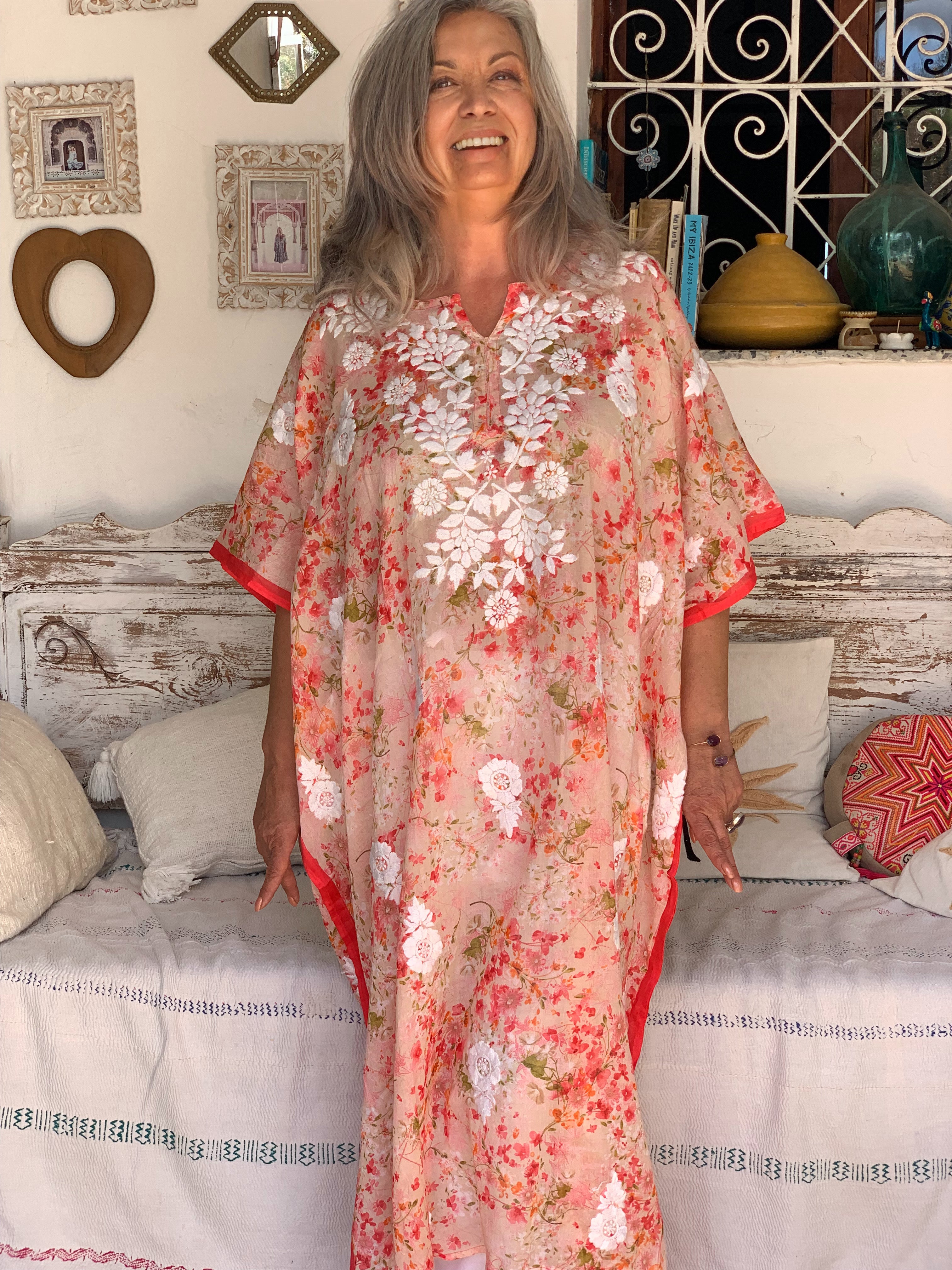 Free Size Softest Muslin Kaftan with Exclusive Chikan Hand Embroidery - Perfect for Beach Cover-ups, Summer Dresses & Boho Fashion