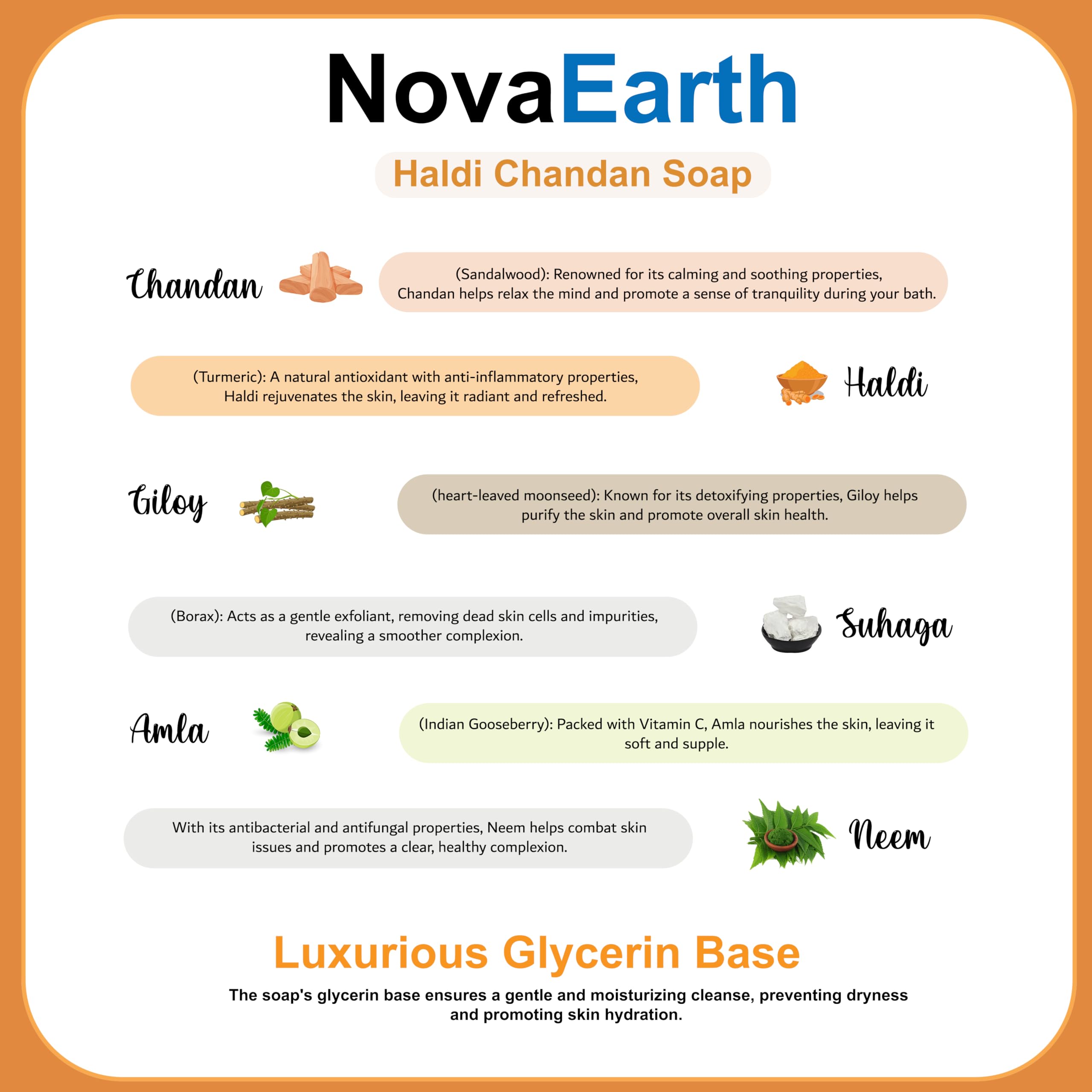 NovaEarth Haldi Chandan Ayurvedic Bathing Soap - Glycerin Base with Giloy, Suhaga, Amla, Neem & Amahaldi | Handmade Herbal Soap for All Skin Types | Anti-Aging, Moisturizing & Cleansing | 5-Pack (100g Each, Total 500g) | Perfect for Daily Skincare & Ayurvedic Wellness Routine