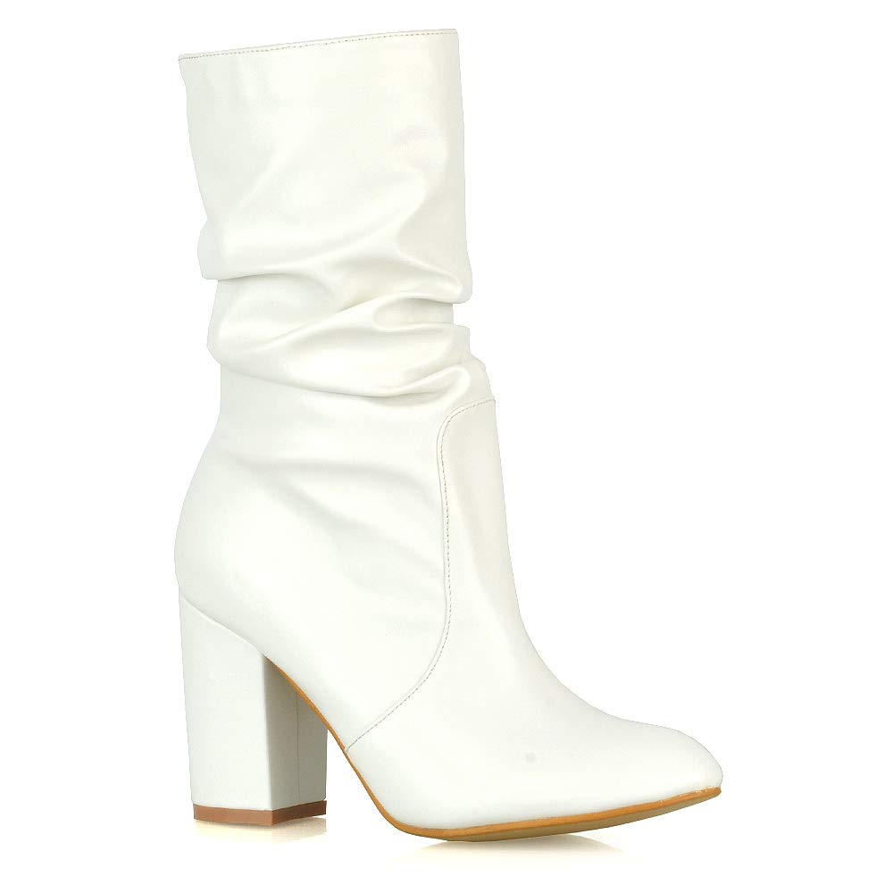 Women's Mid Calf High Heel Boots - Winter Faux Suede Pull On Booties with Ruched Detail | Perfect for Office, Date Night & Cold Weather Fashion