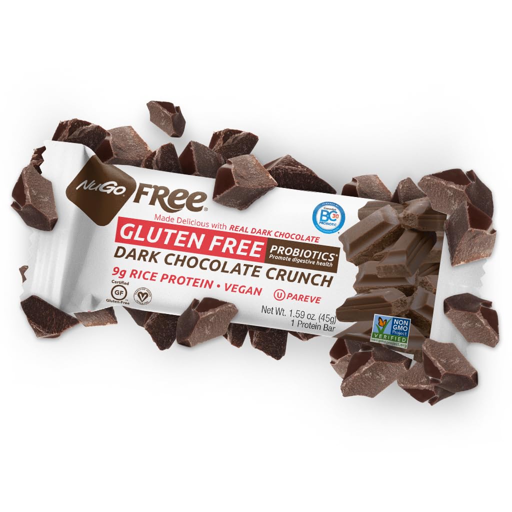 NuGo Free Dark Vegan Protein Bar - 9g Rice Protein, Probiotics, Gluten Free, Soy Free, Dark Chocolate Crunch - 1.59oz Bars (12 Pack) | Healthy Snack for Workouts, Travel & On-the-Go Nutrition