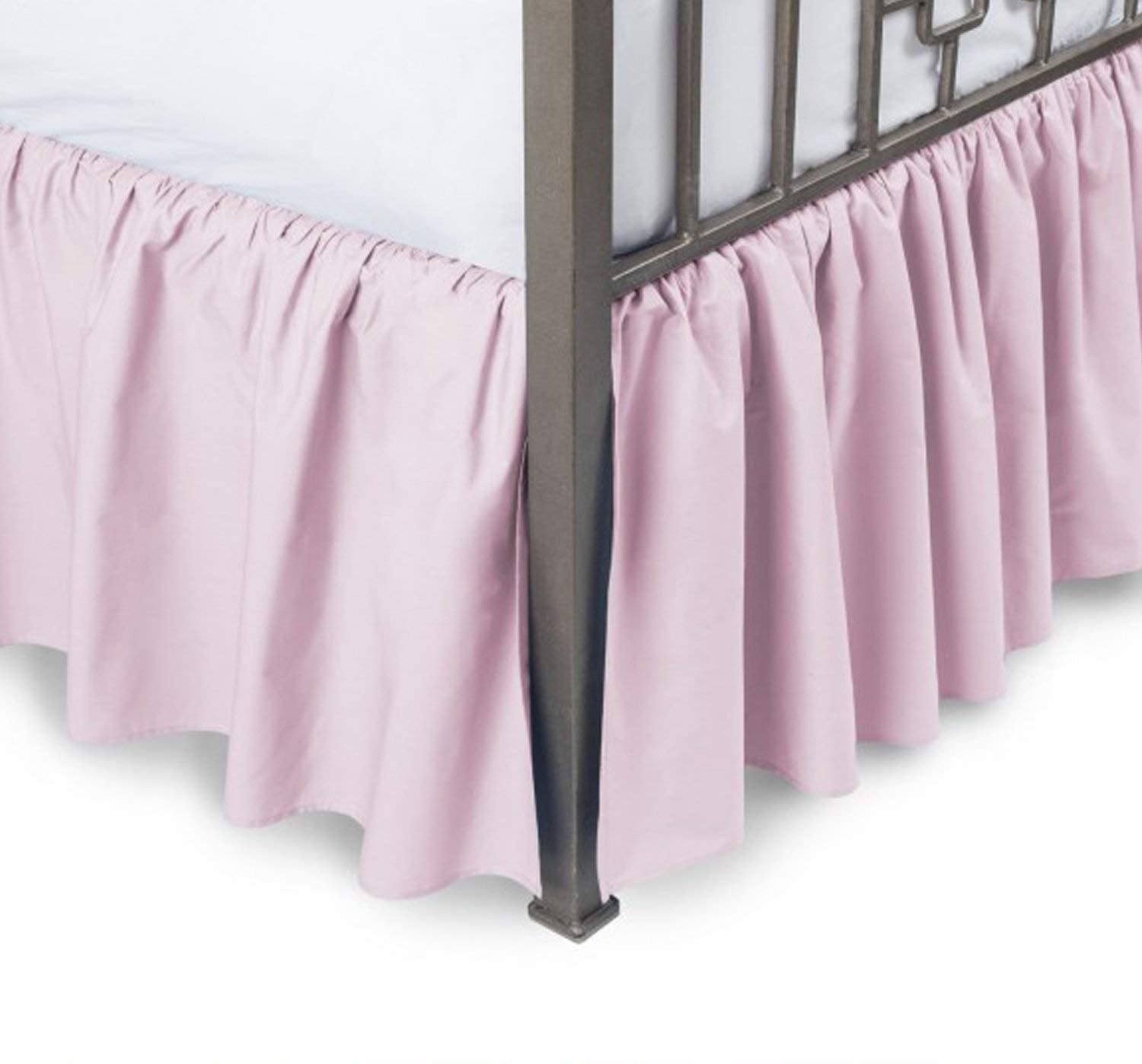Premium 100% Cotton Dust Ruffle Bed Skirt - Queen Size, Pink Solid, Split Corners & Gathered Style (12