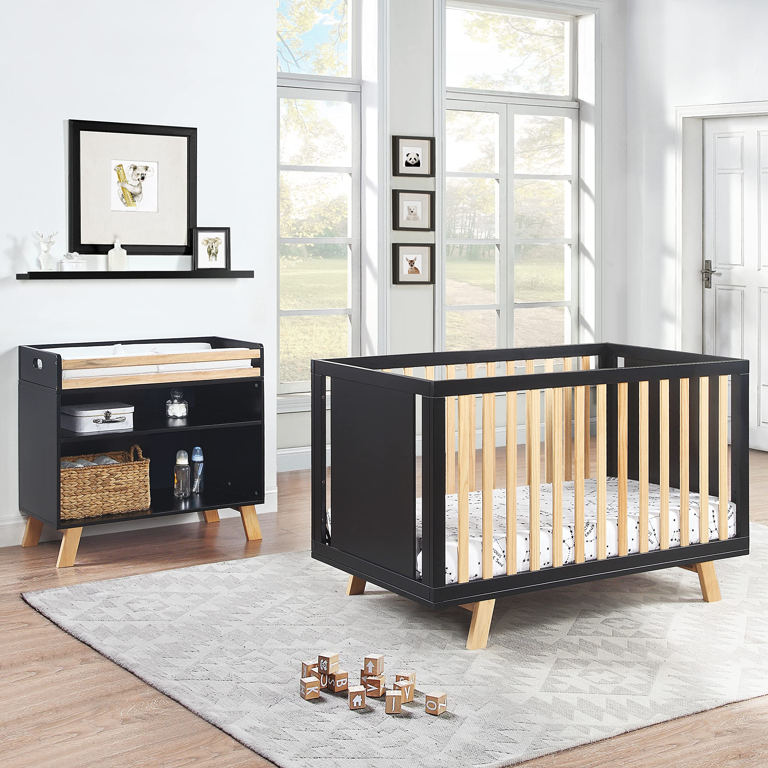 Suite Bebe Livia Convertible Crib in Black & Natural - 3-in-1 Baby Bed for Nursery, Toddler & Daybed | Modern Wooden Crib for Safe Infant Sleep & Stylish Nursery Decor