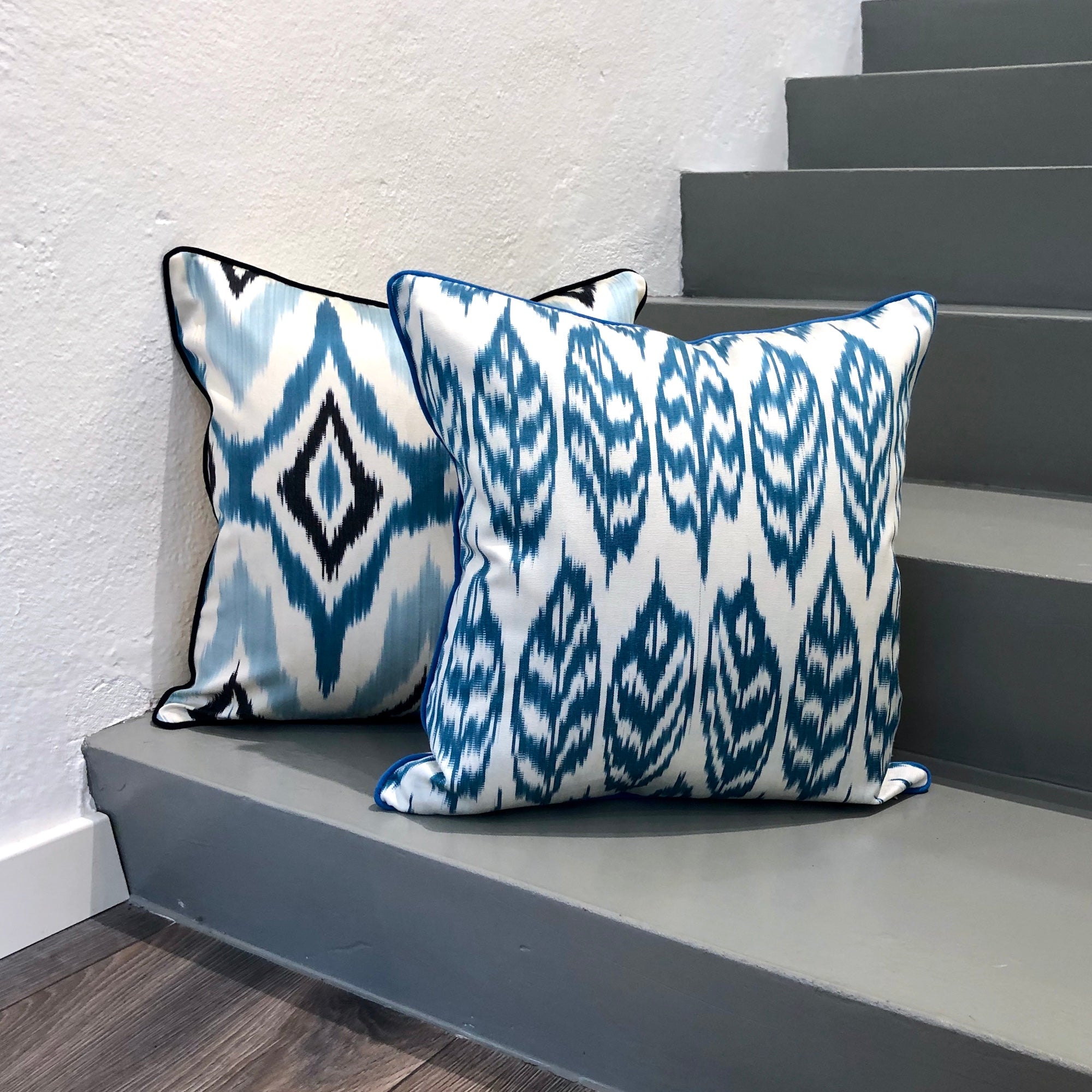 Luxury Blue Diamond Silk Ikat Cushion Cover - Bohemian Home Decor Pillow for Sofa, Bed & Living Room - Handmade Decorative Throw Pillow for Modern Interior Design