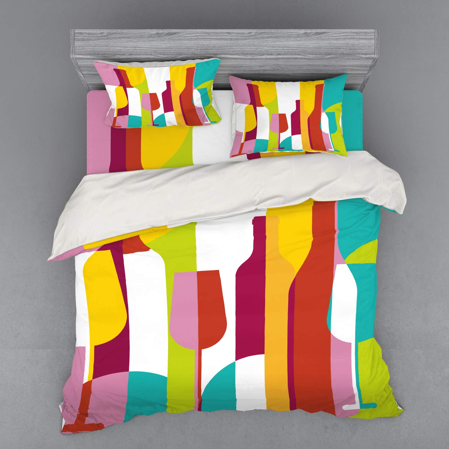 Ambesonne Wine Themed Bedding Set - Colorful Abstract Wine Bottle & Glass Silhouette Design, Modern Geometric Party Decor - 4 Piece King Size Duvet Cover Set with Shams & Fitted Sheet - Perfect for Wine Lovers' Bedroom & Themed Parties