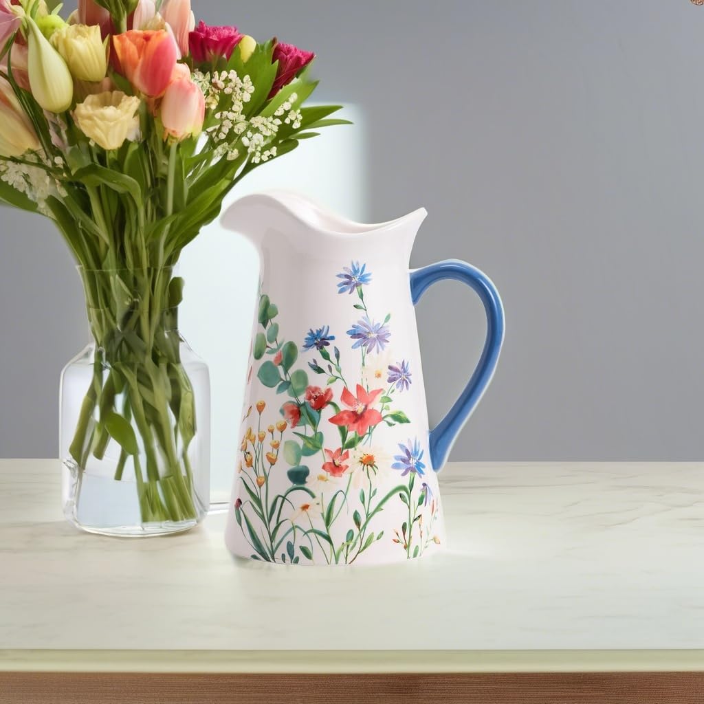 Bico Summer Provence Ceramic 2.5 Quarts Pitcher with Handle - Elegant White Decorative Vase for Flower Arrangements, Dishwasher Safe - Perfect for Home Decor, Kitchen Use, and Outdoor Entertaining