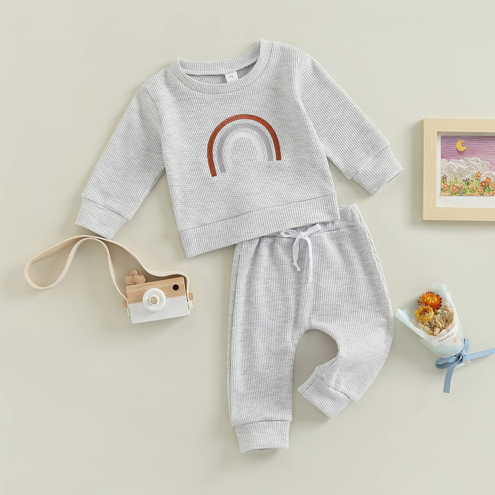 Newborn Baby Girl & Boy Fall Winter Outfit Set - Waffle Long Sleeve Pullover Sweatshirt & Drawstring Pants | Cozy Winter Wear for Infants, Photo Shoots & Holiday Gifts