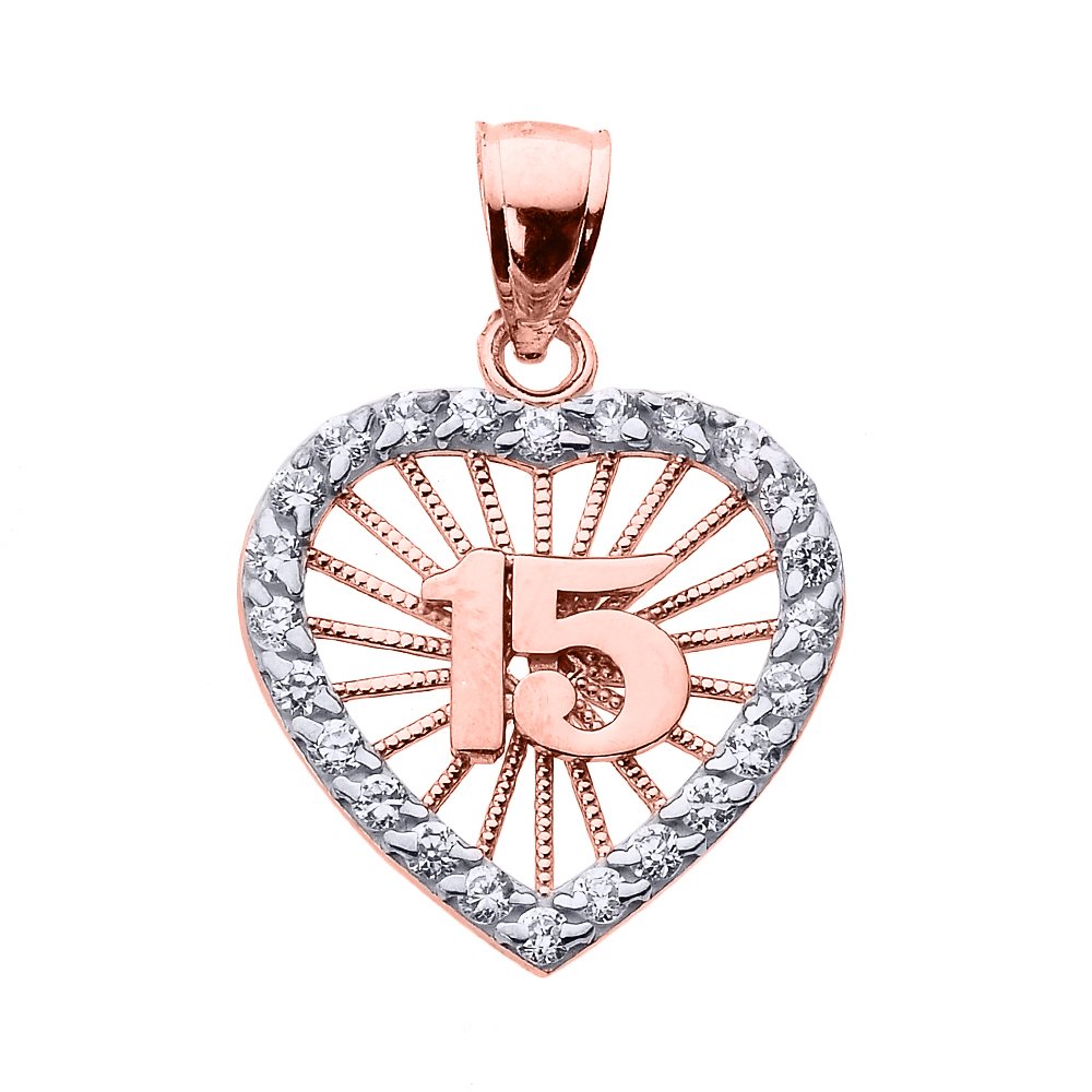 14K Two-Tone Rose Gold Sweet 15 Años Quinceanera Pendant Necklace with Cubic Zirconia Heart - Elegant Birthday Gift for Teen Girls, Quinceañera Jewelry, Sweet 16 or Coming of Age Celebration