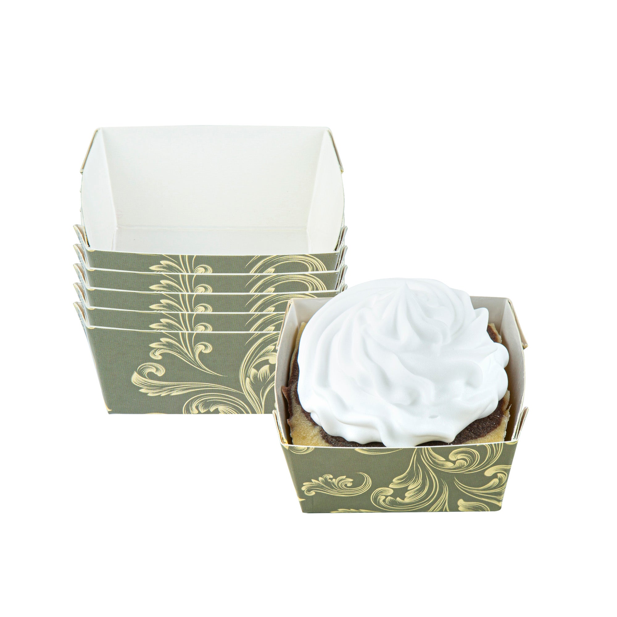 Bake Tek 6 oz Square Dark Green Vintage Floral Paper Baking Cups - Greaseproof Muffin Liners (3x3x1.5 Inch) - 100 Count Box - Perfect for Cupcakes, Muffins & Party Desserts