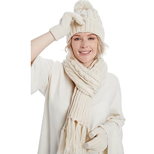 Cozy Fleece Lined Cable Knit Beanie Hat, Scarf & Gloves Set for Women & Men - Winter Warm Accessories for Skiing, Snowboarding & Outdoor Activities