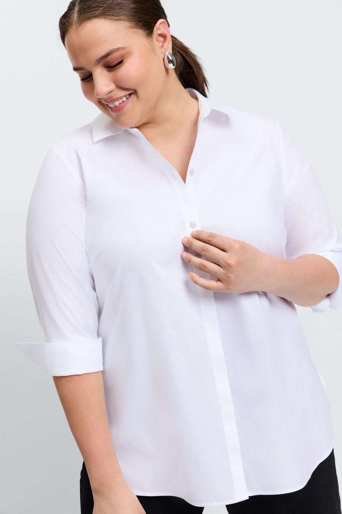 Madison Plus No Iron Pinpoint 3/4 Sleeve Tunic Shirt for Women - Wrinkle-Free Office Wear & Casual Outfits