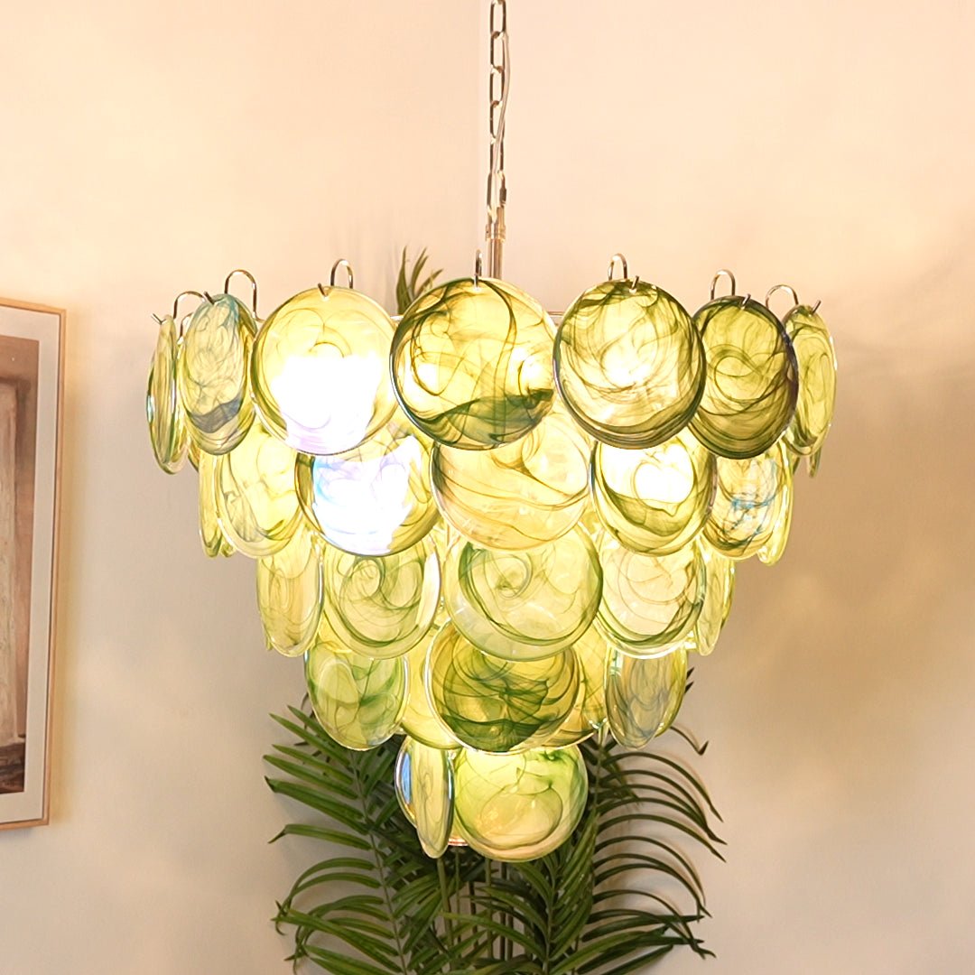 Elegant Green Murano Glass Disc Chandelier - Modern Lighting Fixture for Dining Room, Living Room & Bedroom Decor
