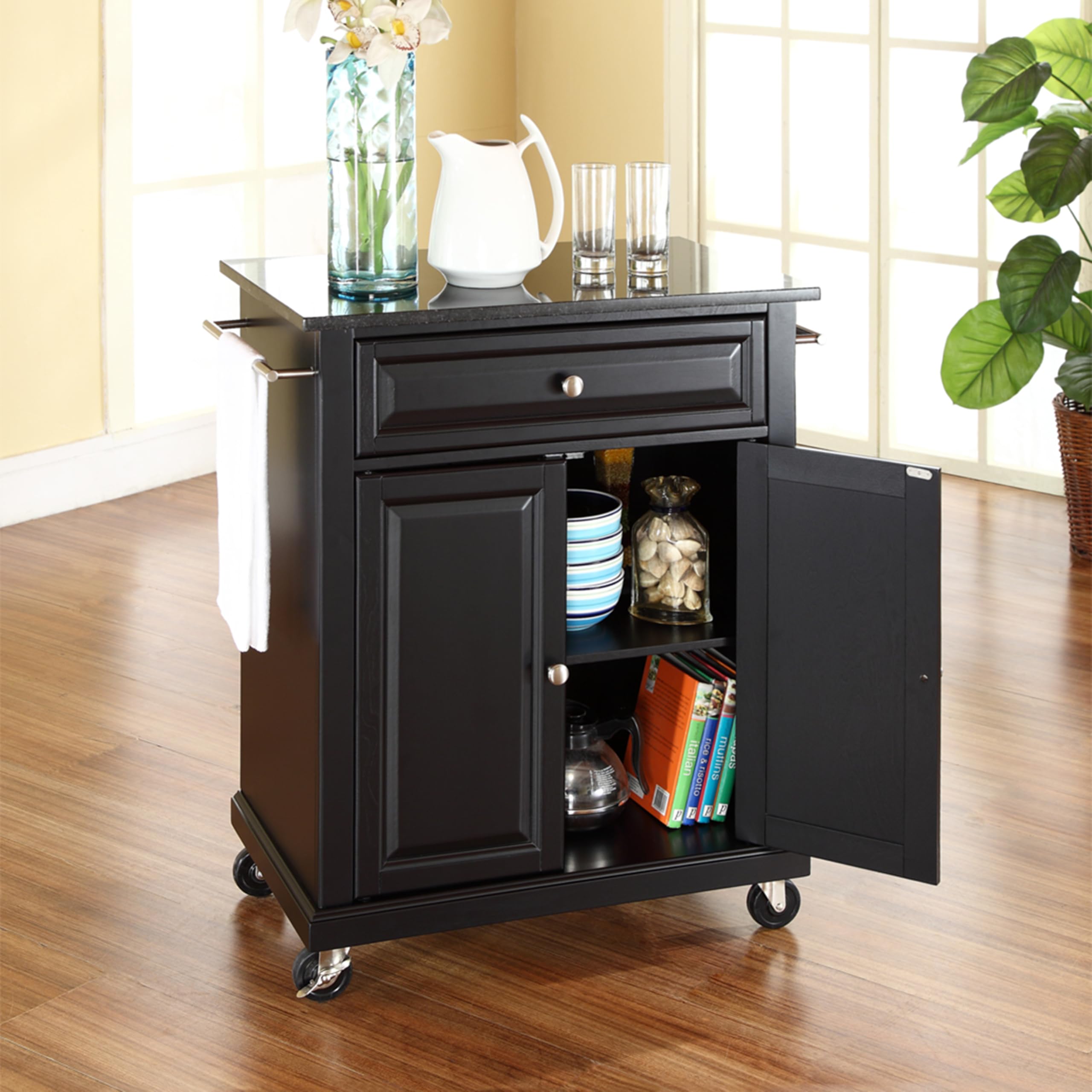 Crosley Compact Granite Top Rolling Cart with Shelves - Microwave Stand, Towel Rack, Small Kitchen Cart for Apartments - Black | Perfect for Small Spaces, Dorm Rooms & Kitchen Organization