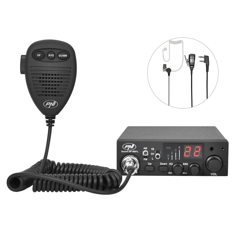 PNI ESCORT HP 8001L ASQ CB Radio Kit with Antenna - Includes Fused Cigarette Lighter Power Plug & HS81L Earphone for Truckers & Road Trips - Long Range Communication for Highway Safety & Emergency Use