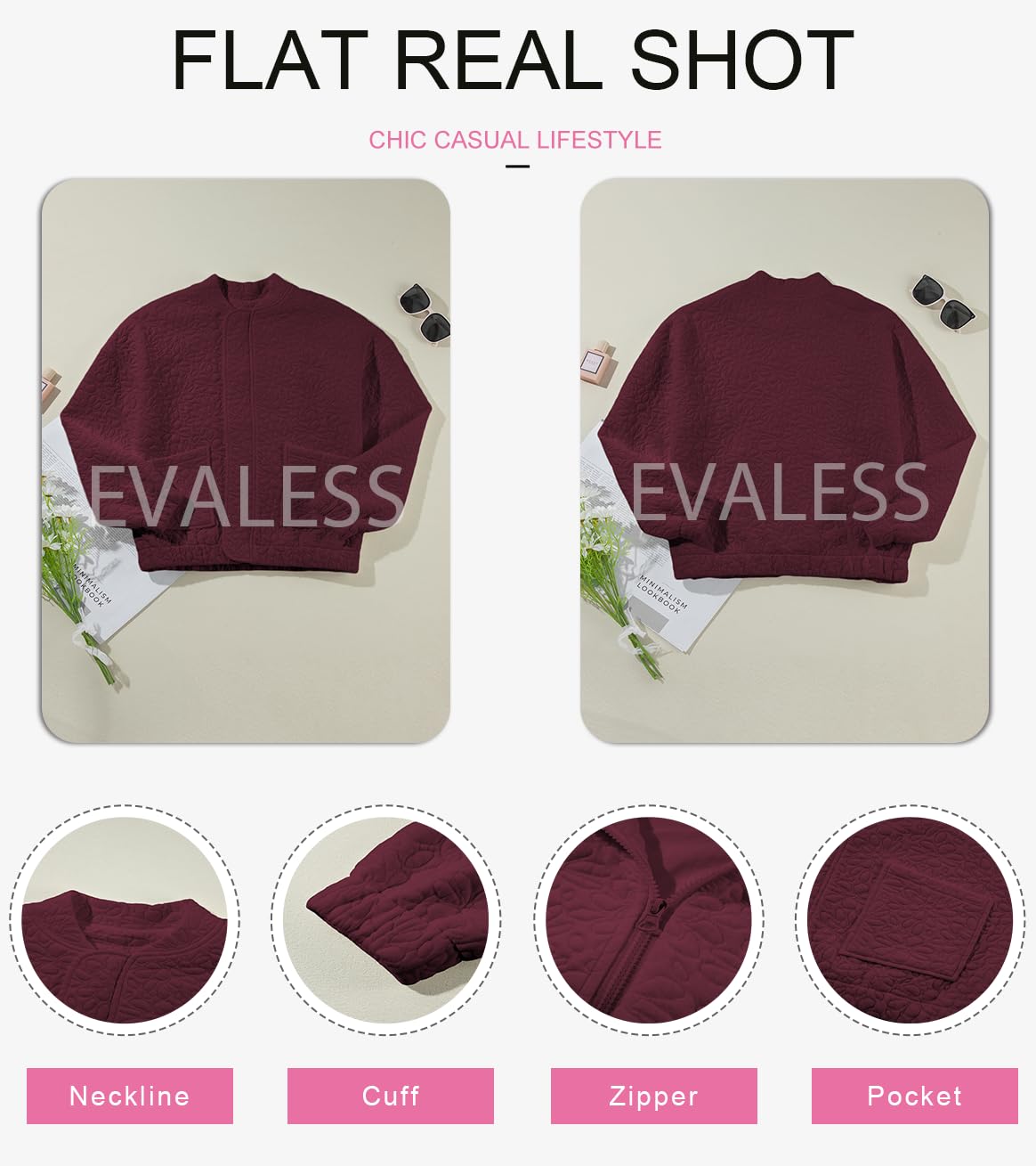 EVALESS Women's Lightweight Bomber Jacket - 2025 Spring Fashion Jacquard Coat, Zip-Up Casual Outerwear for Dressing Up or Daily Wear | Perfect for Office, Dating & Weekend Outings