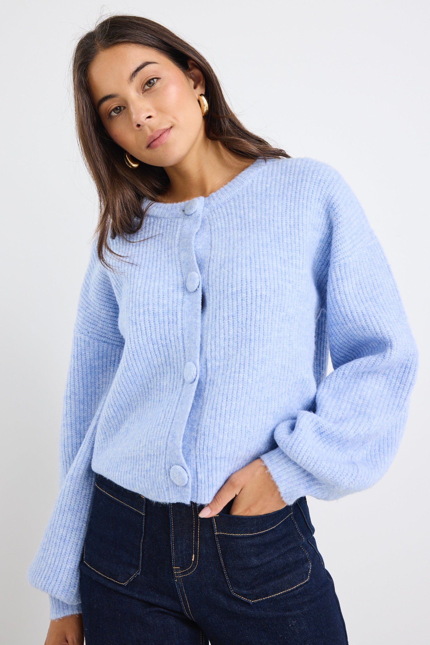 Authentic Ice Blue Crewneck Cardigan for Women - Soft Knit Sweater with Pockets - Perfect for Casual Wear, Office Outfits & Cozy Fall Fashion