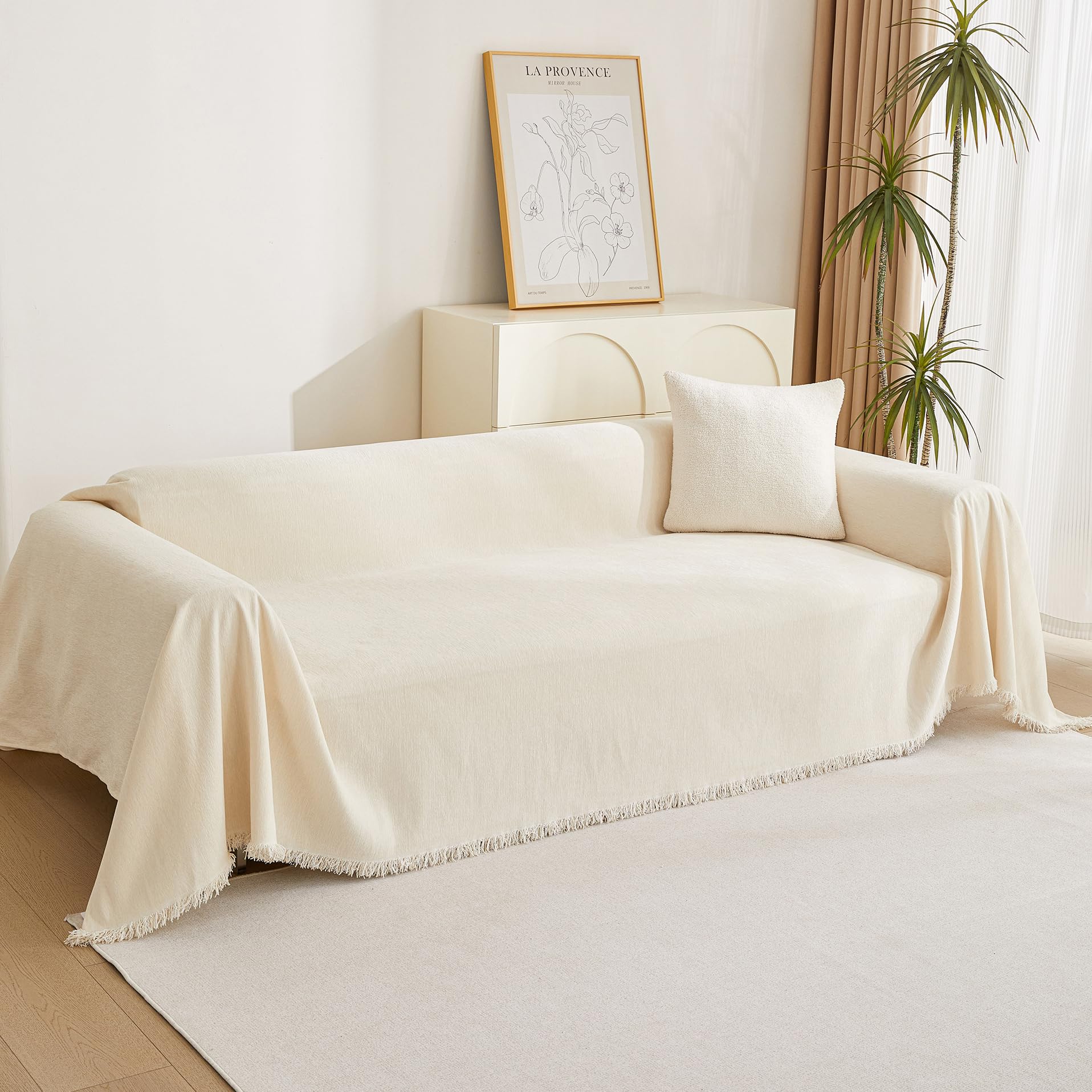Boho Chenille Sofa Cover with White Tassels - Farmhouse Couch Slipcover for Sectional & L-Shaped Couches (91