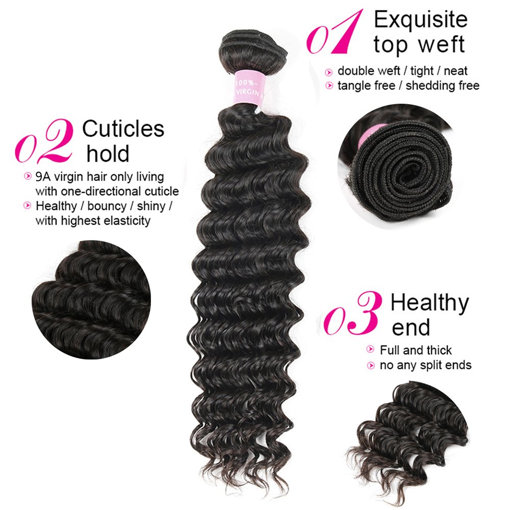 Brazilian Virgin Human Hair Bundles with Closure - 3 Bundles Deep Wave Unprocessed Hair (14, 16, 18+12 inches) | Middle Part Lace Closure | Perfect for Weaves, Extensions & Protective Styles