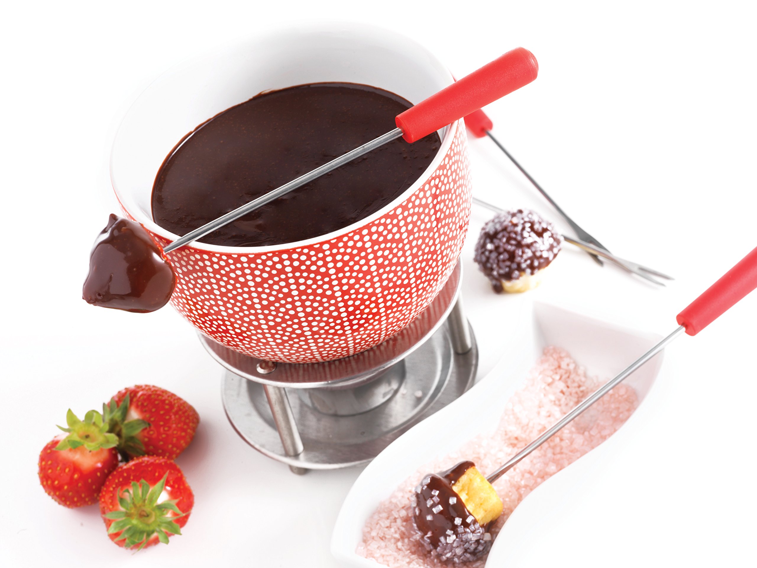 Mastrad Fondue Set with Ceramic Pot & Stainless Steel Forks - Complete Kit Includes Tealight Holder, Candle & Warming Stand - Perfect for Melting Chocolate, Cheese, Caramel - Ideal for Romantic Dinners, Family Gatherings & Holiday Parties