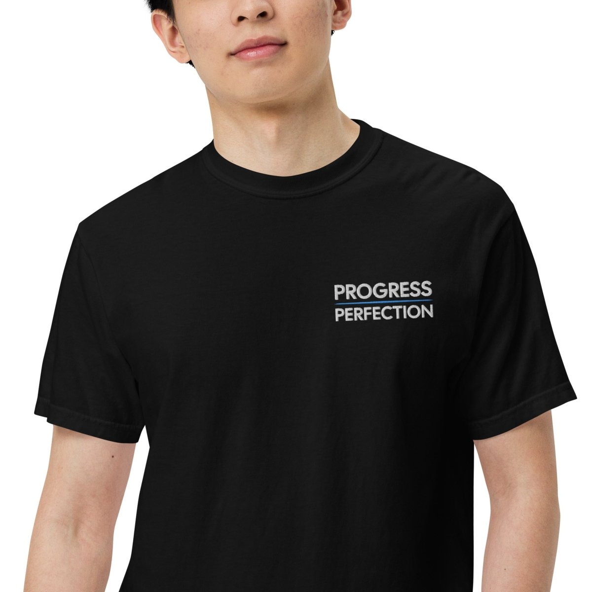 Progress Over Perfection Embroidered Unisex Heavyweight T-Shirt | Distressed Garment-Dyed Cotton Tee | Streetwear & Casual Everyday Wear