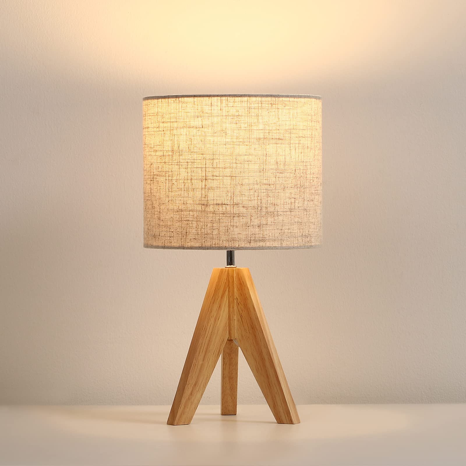 DEWENWILS Wooden Tripod Table Lamp with Linen Shade - 14.2 Inch Bedside Nightstand Lamp for Nursery, Bedroom, Kids Room, Office Desk | On/Off Switch | Perfect for Reading, Relaxing & Decor