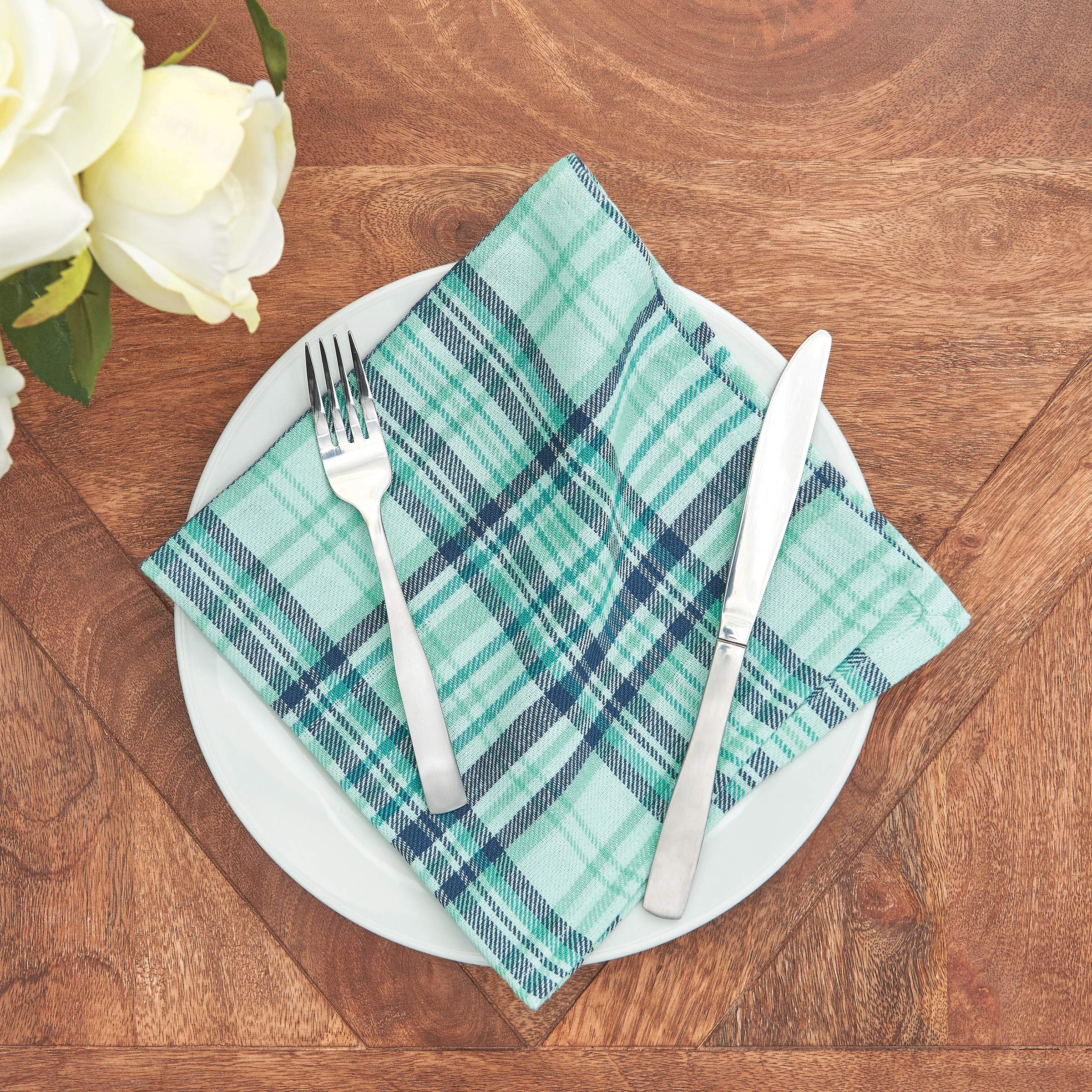 C&F Home Mckinley Plaid Reversible Cotton Dinner Napkins - Set of 6, Striped Aqua Blue Cloth Napkins for Spring & Summer - Perfect for Dinner Parties, Picnics, and Everyday Meals