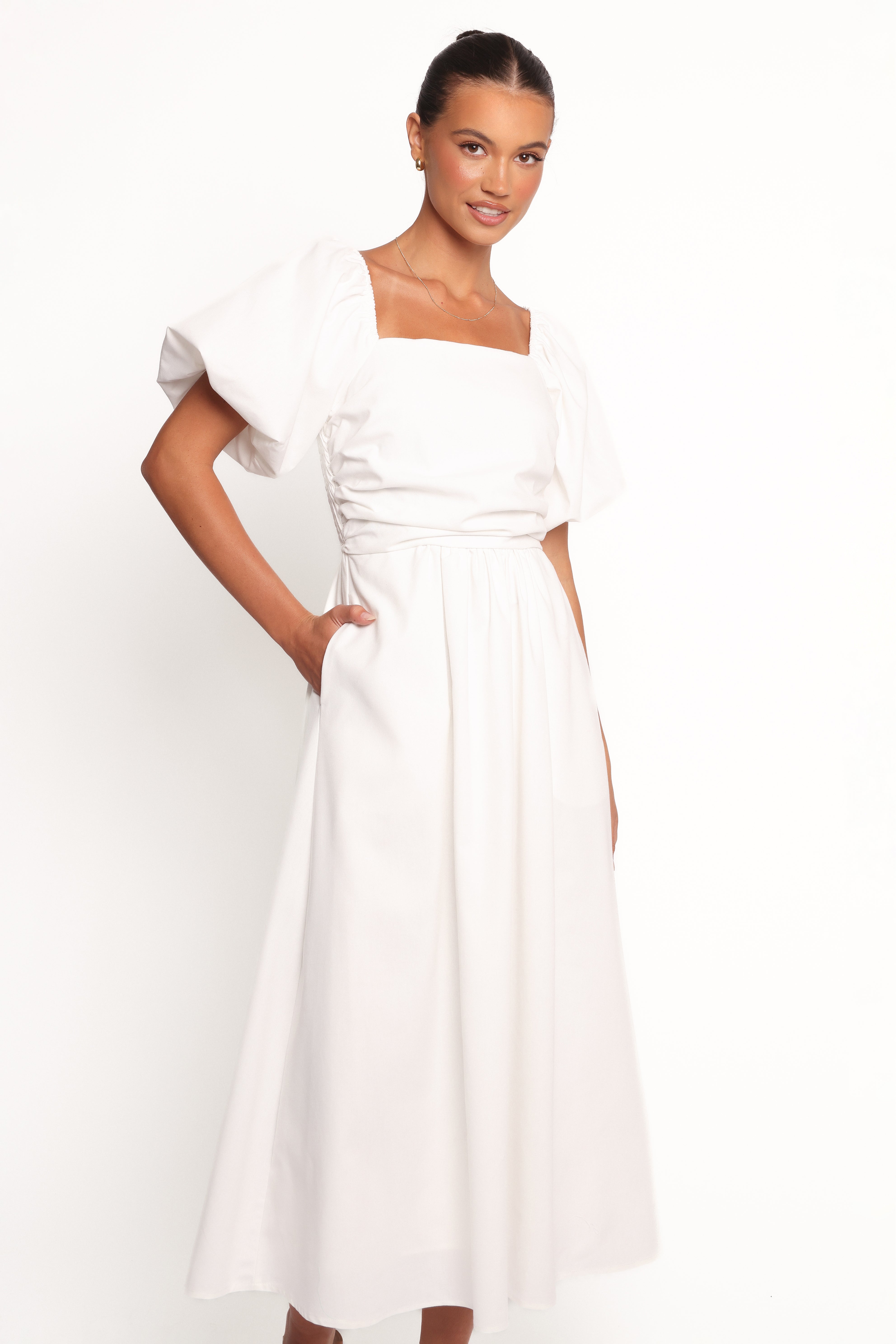 Elegant White Clo Puff Sleeve Midi Dress for Women - Perfect for Weddings, Parties & Special Occasions