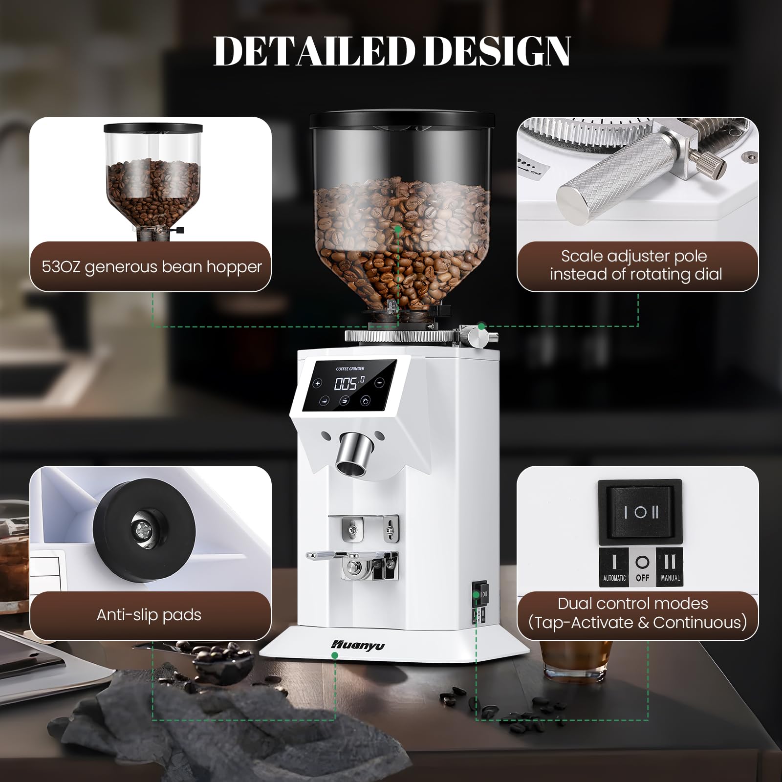 Huanyu Professional Electric Coffee Grinder - 74mm Flat Burr, 53oz Bean Hopper, 15 Infinite Grind Settings, Touch Screen, White | Perfect for Espresso, French Press & Pour Over Brewing at Home or Cafe