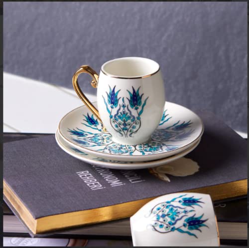 Decoret 6-Piece Porcelain Espresso Cup and Saucer Set - Small Demitasse Coffee Cups for Espresso & Turkish Coffee, White & Blue Ceramic Gift Box Set - Perfect for Home, Cafe, and Office Use