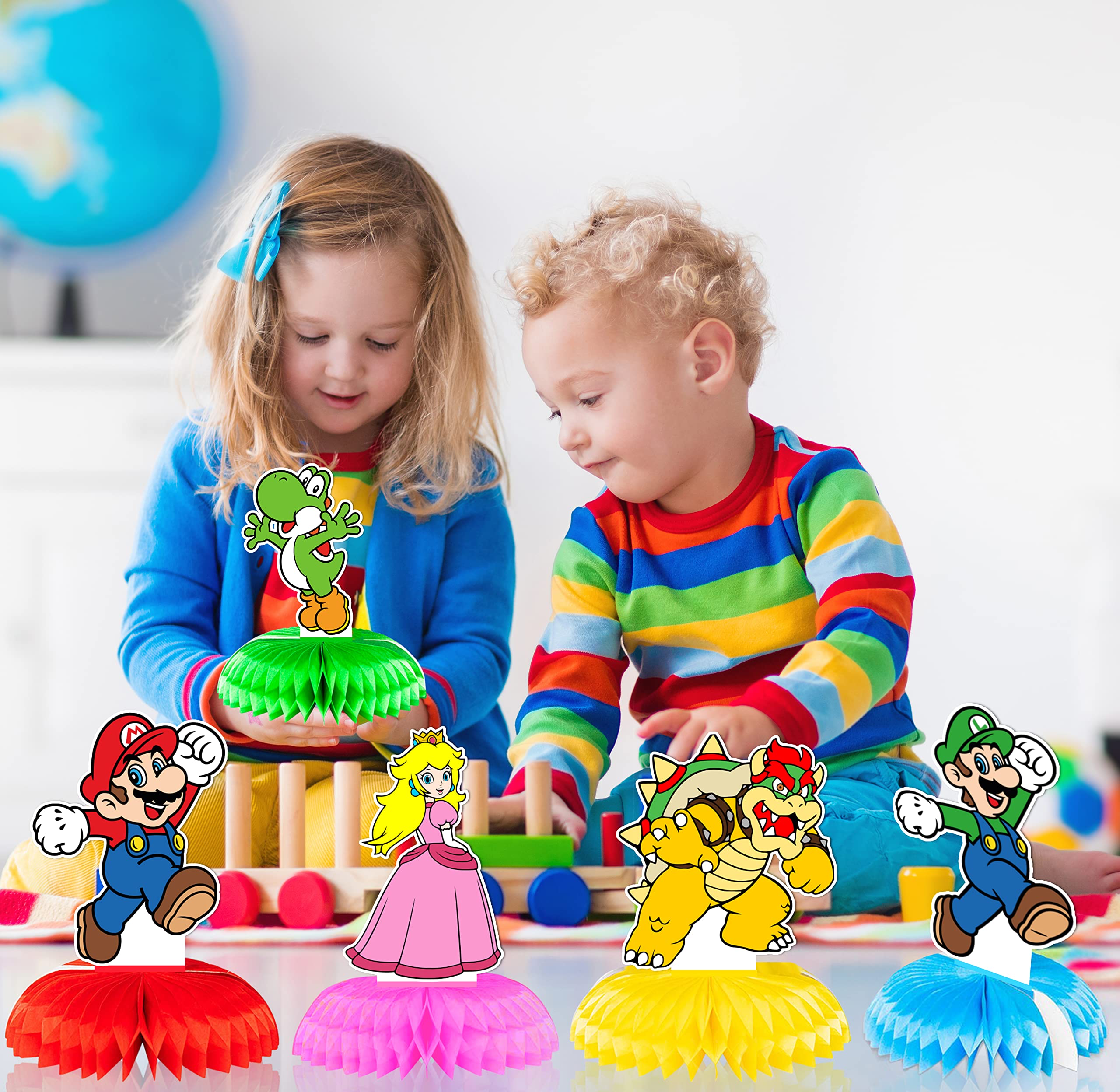 Super Mario Birthday Party Decorations - 7Pcs Double Sided Honeycomb Centerpieces for Mario Themed Party Supplies | Perfect for Kids Birthday, Game Night Decorations & Nintendo Themed Events