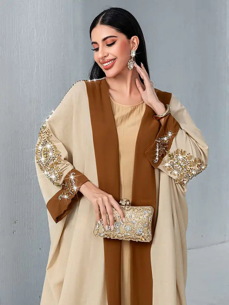Hand-Stitched Rhinestone Embroidered Open Abaya Dress for Women | Elegant Muslim Prayer Dress | Perfect for Weddings, Parties & Special Occasions