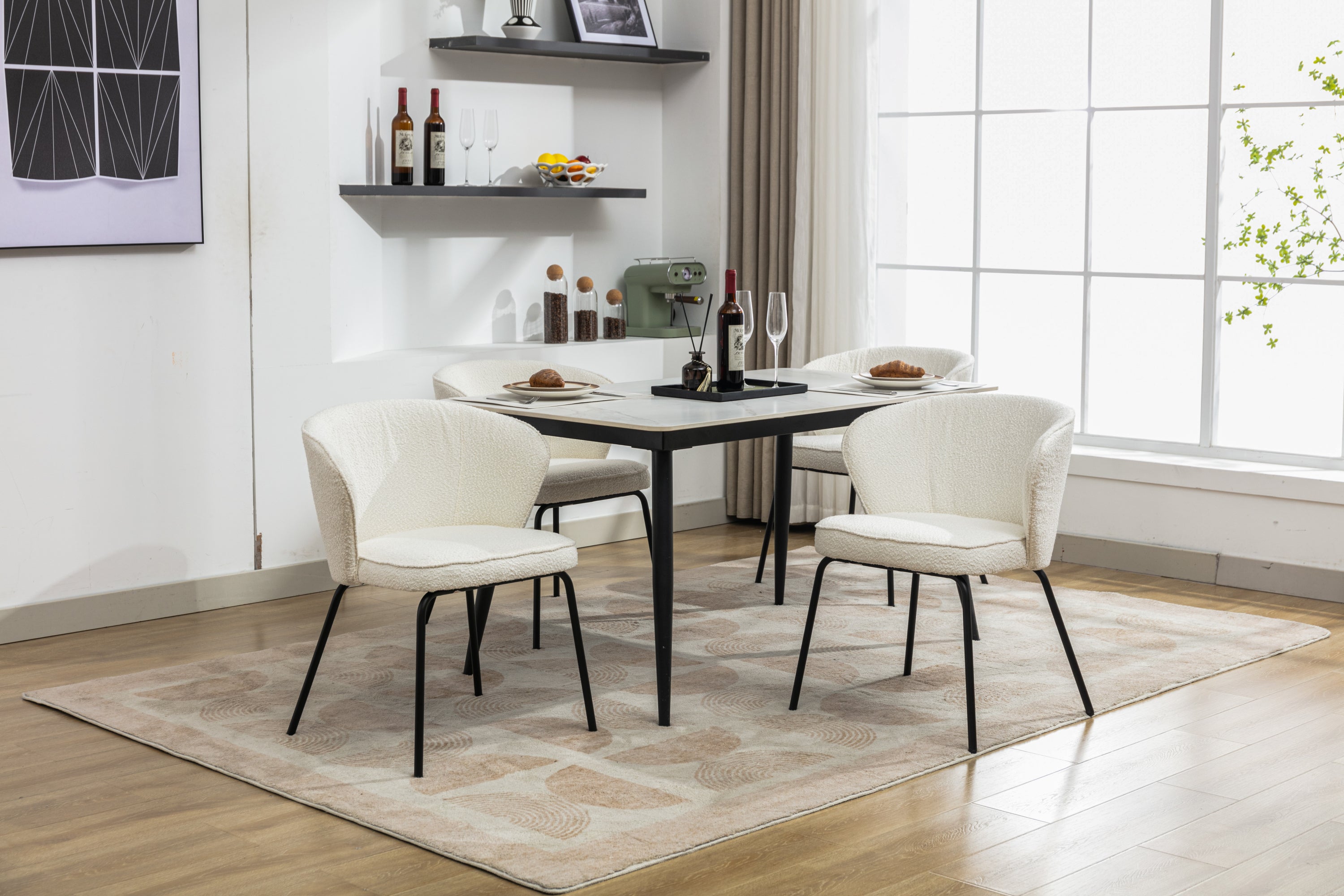 Set of 2 Modern Boucle Fabric Dining Chairs with Black Metal Legs in Ivory - Comfortable Upholstered Side Chairs for Kitchen, Dining Room, and Office Use