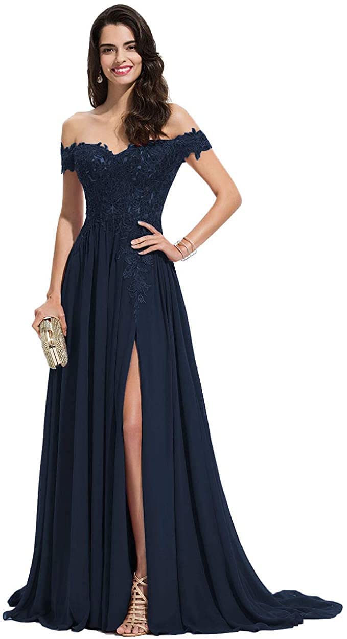 Elegant Chiffon Off Shoulder Prom Dresses with High Slit & Lace Applique - Women's Formal Evening Gowns for Parties, Homecoming & Special Occasions